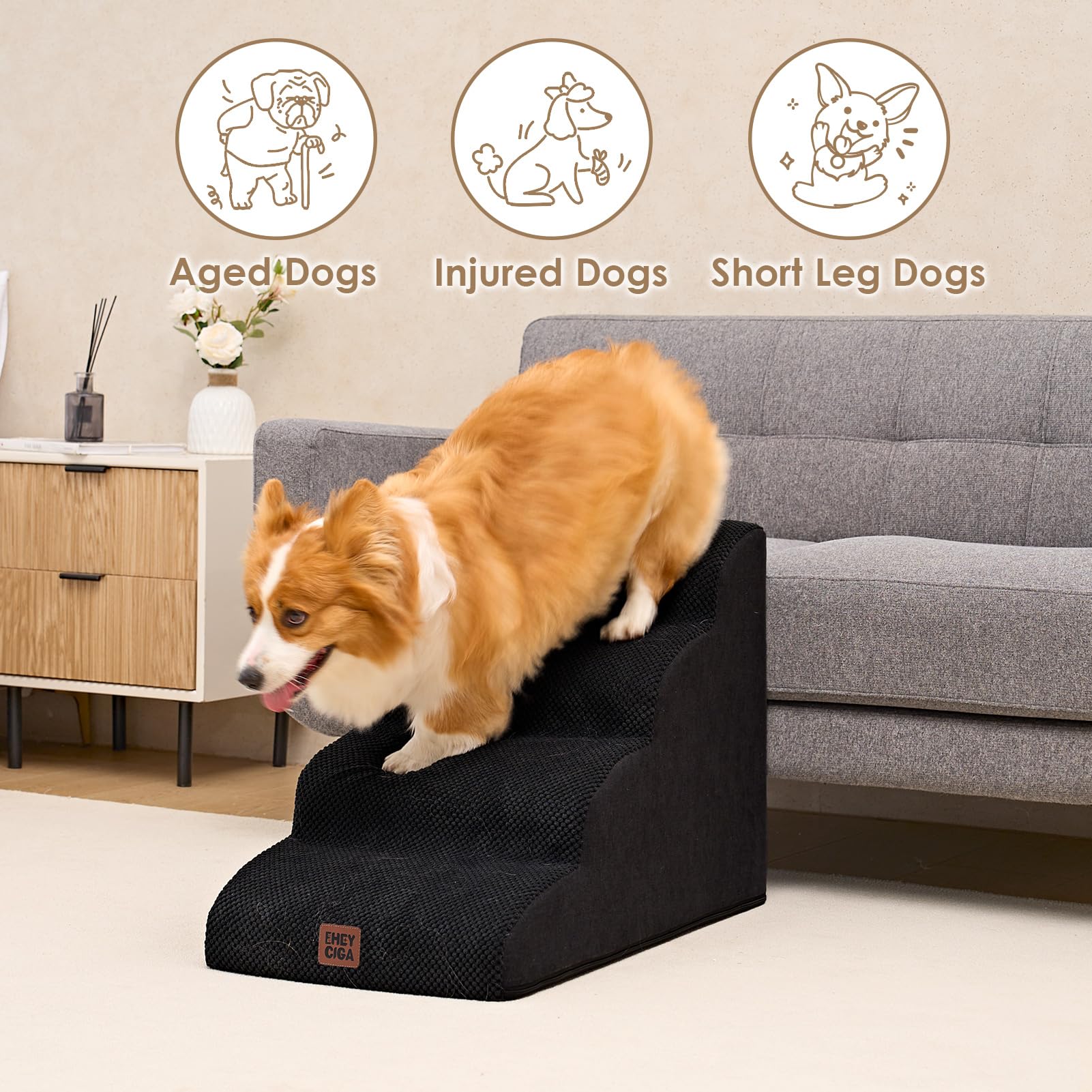 EHEYCIGA curved dog stairs removable-cover enables easy machine washing.
