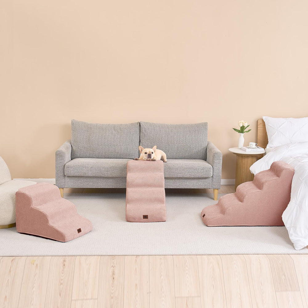 EHEYCIGA curved dog stairs compact room-fit, dusty pink interior-friendly.