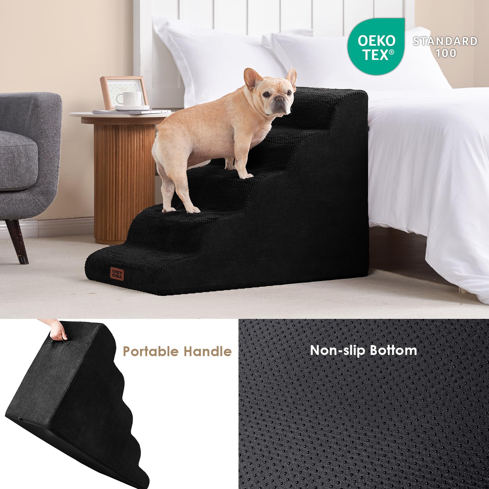 EHEYCIGA curved-dog-stairs side-profile shows plush corduroy cover for easy cleaning