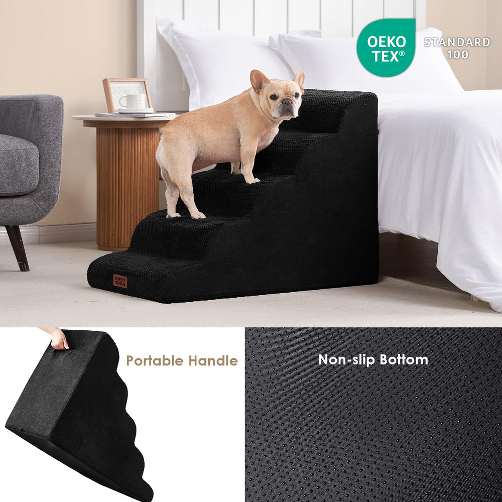 EHEYCIGA curved-dog-stairs side-profile shows plush corduroy cover for easy cleaning