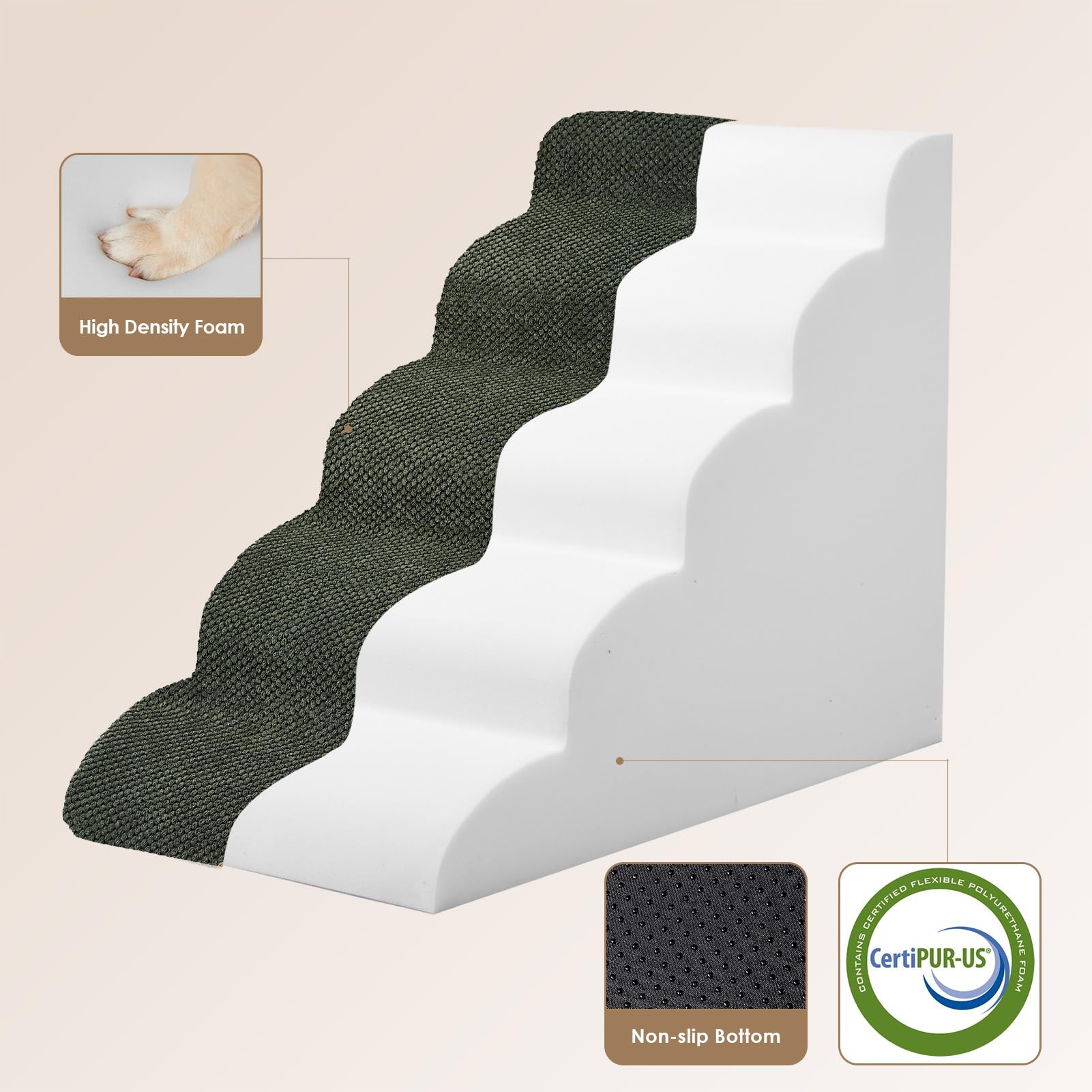 EHEYCIGA curved dog stairs side-view foam supports comfortable climbs for dogs.