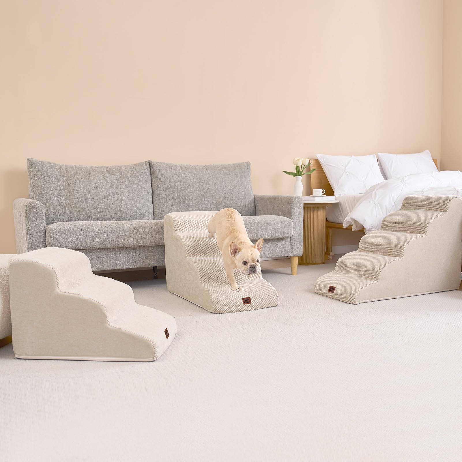 EHEYCIGA curved dog stairs shown in living room usage beside sofa