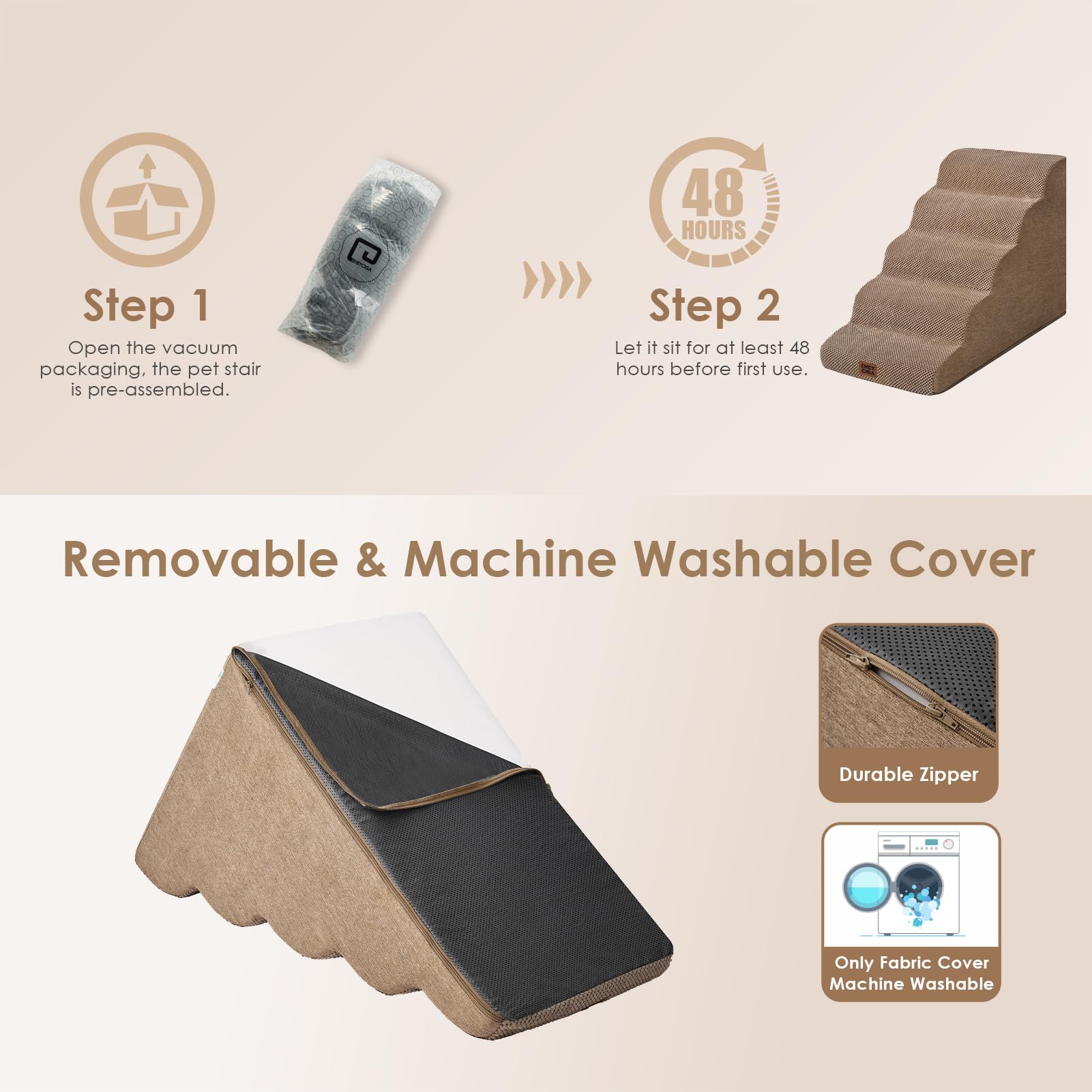 EHEYCIGA Curved Dog Stairs washable cover supports machine washing for clean, low-maintenance upkeep.