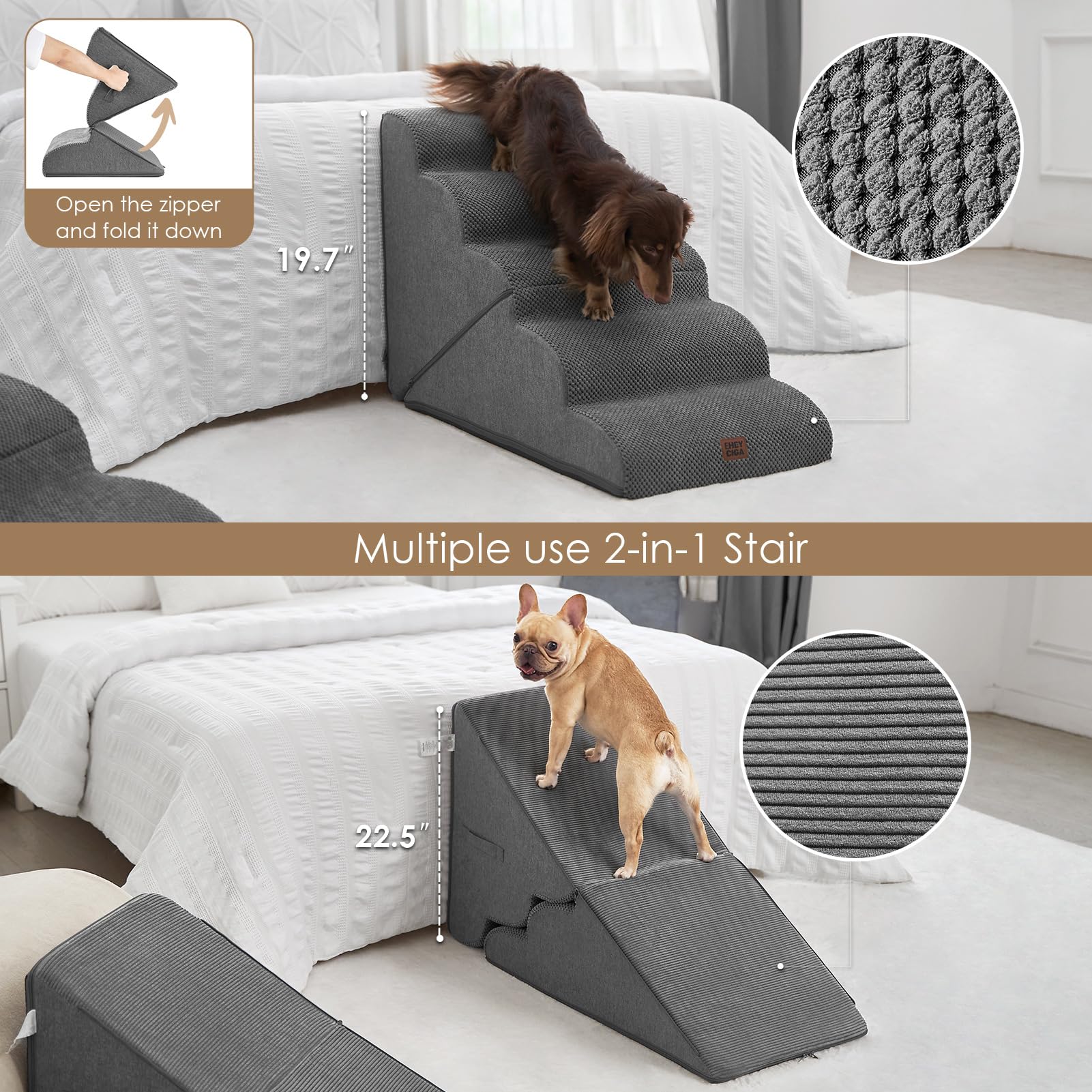 EHEYCIGA curved foldable dog stairs 5 steps designed for climbing for small dogs.