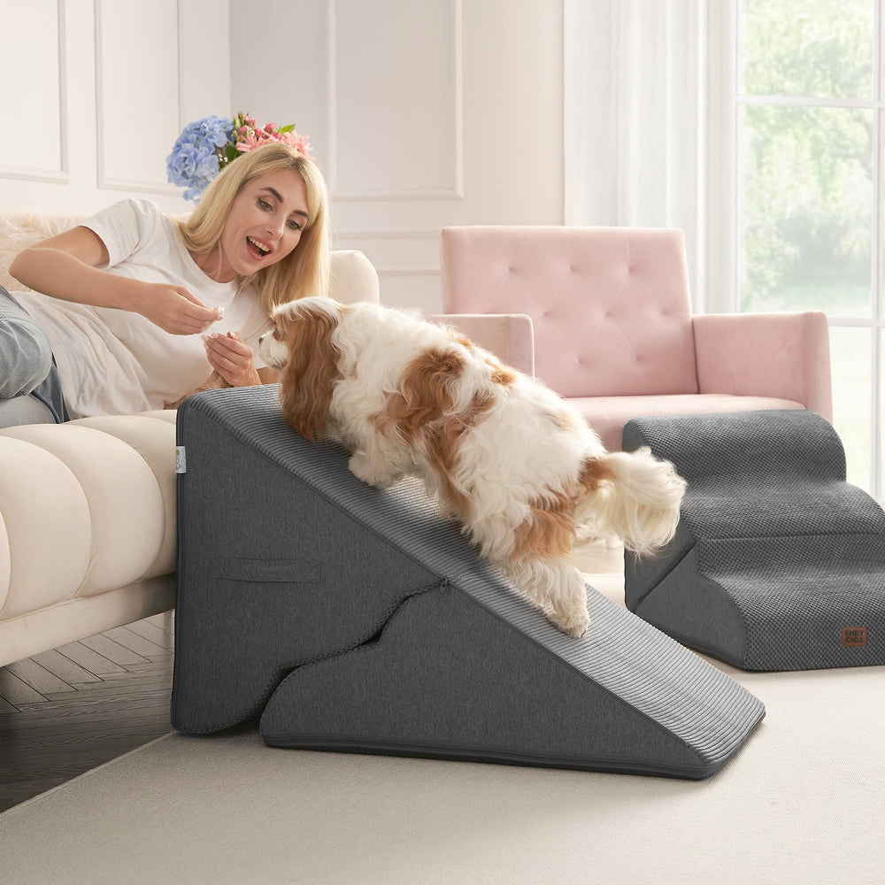 EHEYCIGA curved-foldable dog stairs compact-fold for easy storage when not in use.