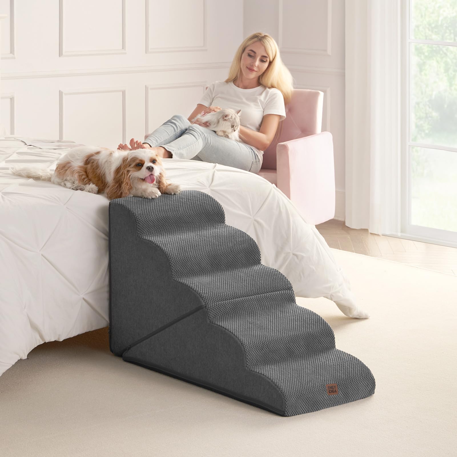 EHEYCIGA curved foldable dog stairs grey finish blends with home decor.