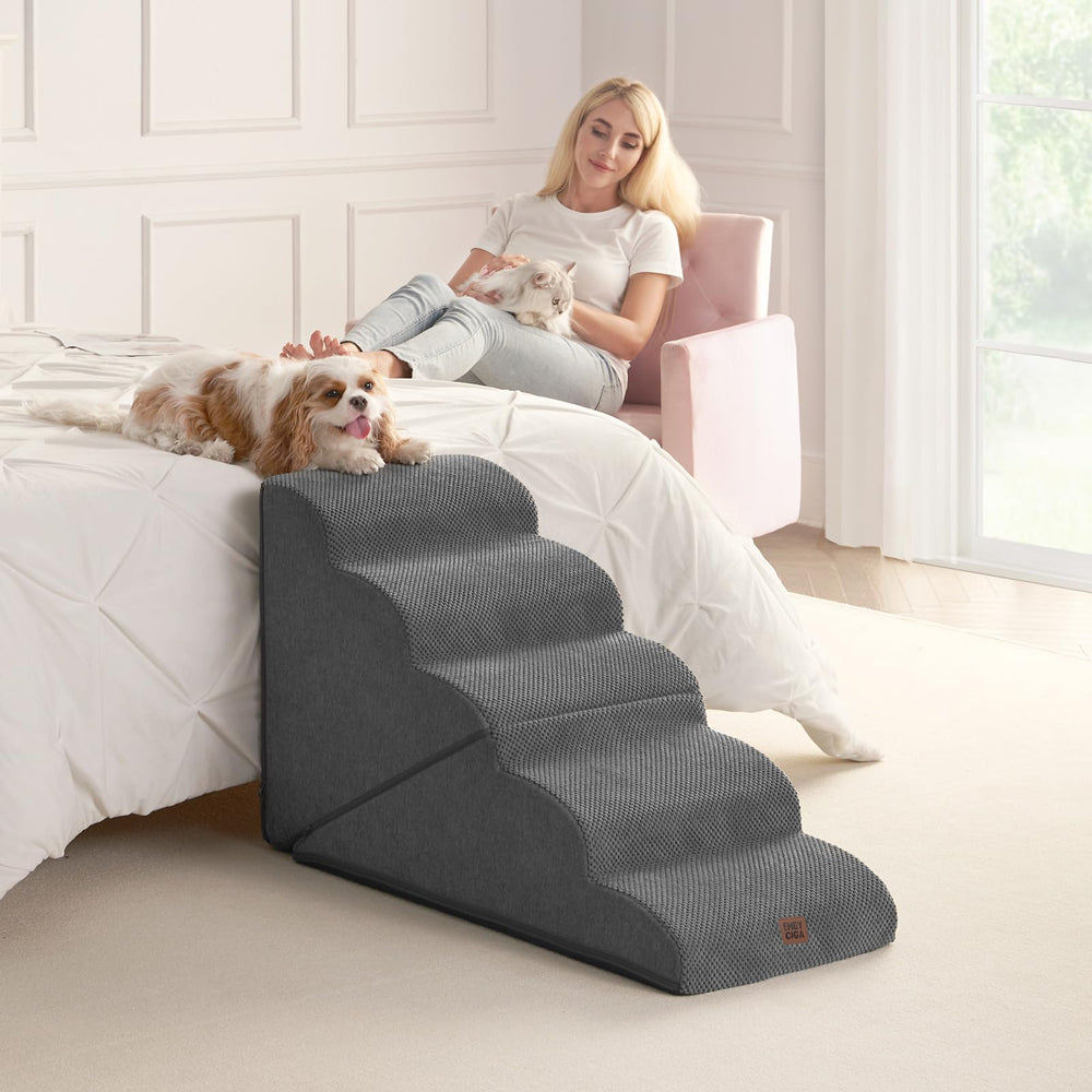 EHEYCIGA curved foldable dog stairs grey finish blends with home decor.
