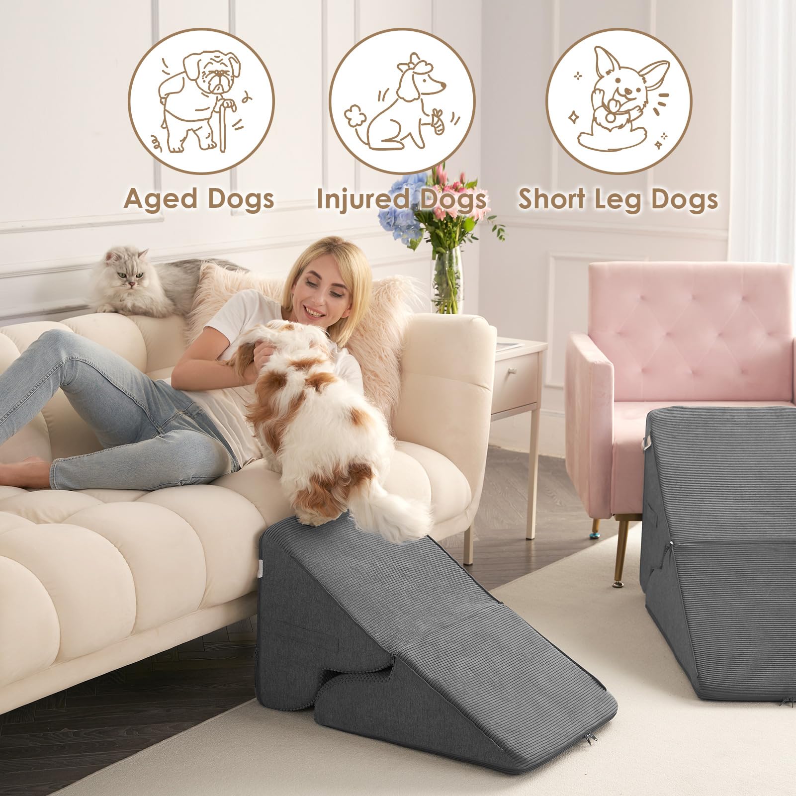 EHEYCIGA curved-foldable dog stairs removable-cover allows easy cleaning.