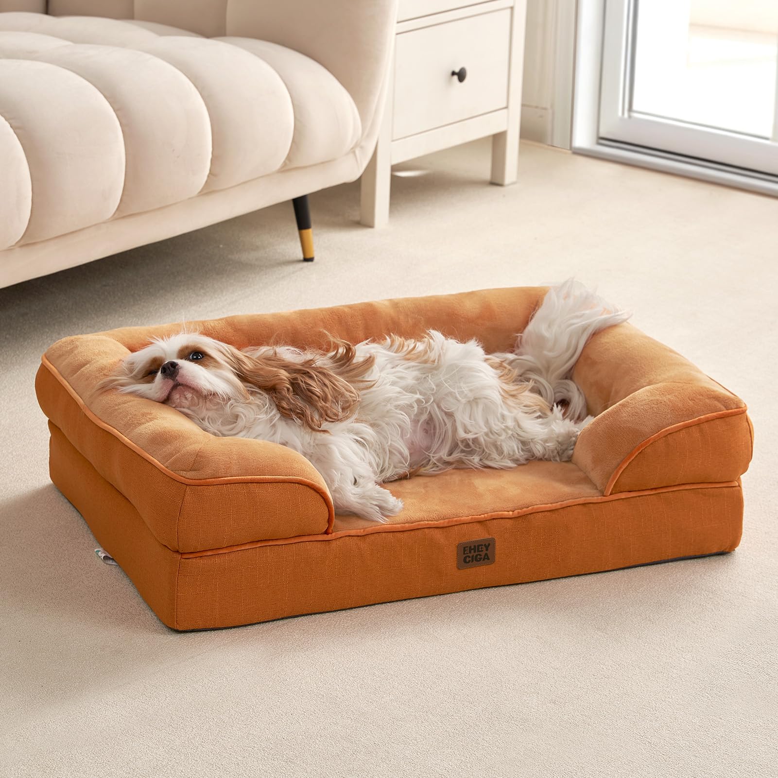 EHEYCIGA dog bed in use demonstrates cozy lounging in living room.