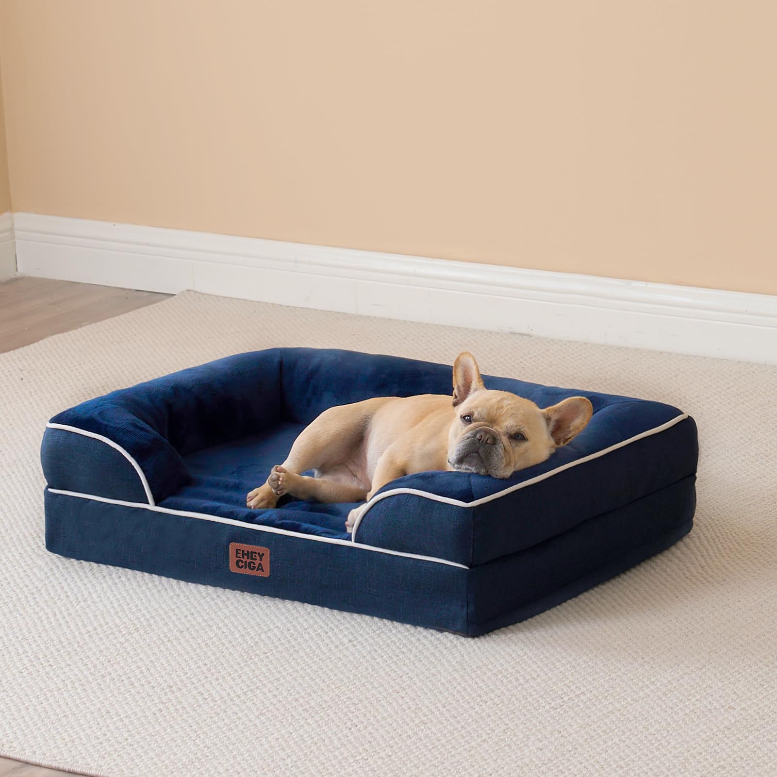 EHEYCIGA navy dog bed shown in a cozy home setting