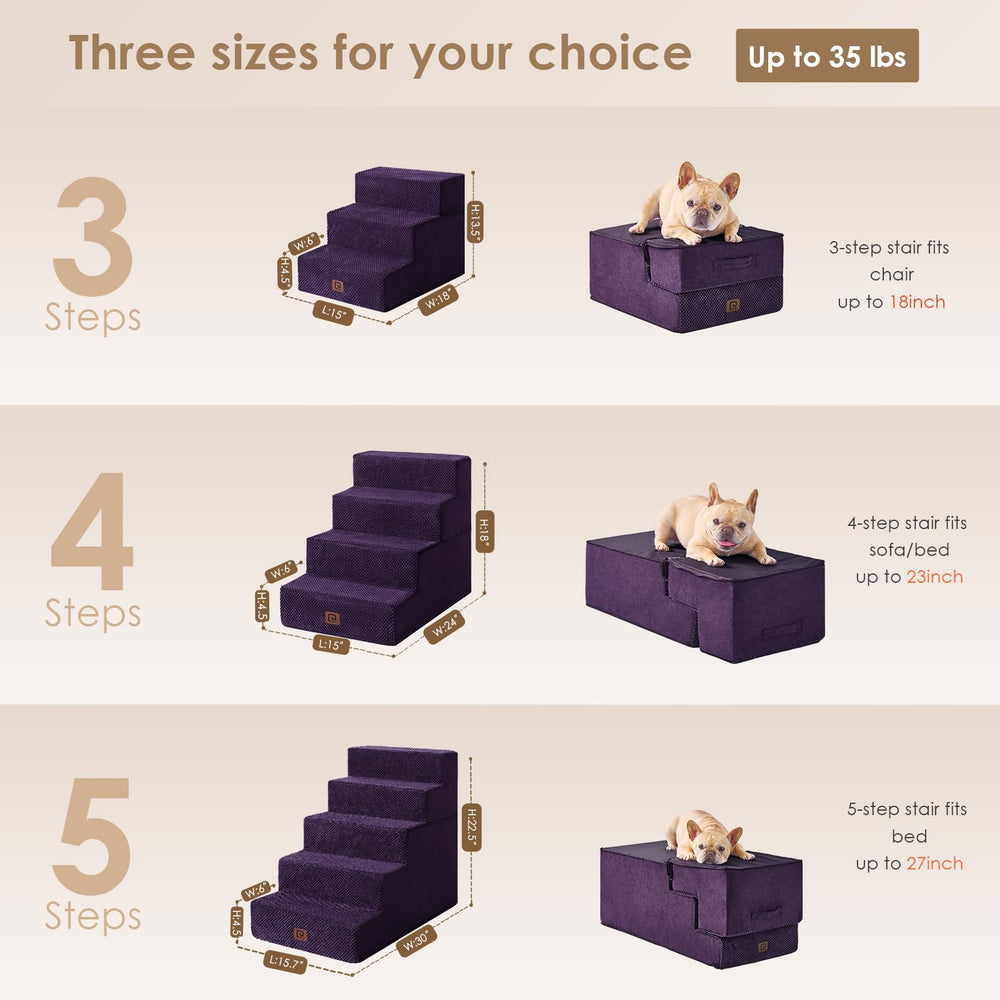 EHEYCIGA dog stairs 3-step setup view highlights foldable design for storage.