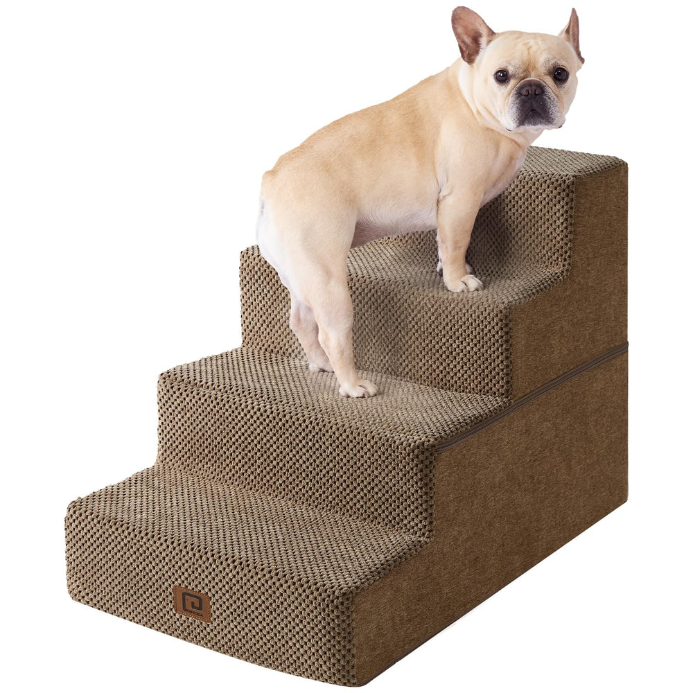 EHEYCIGA dog stairs bed-edge camel setup helps pets reach high beds safely.