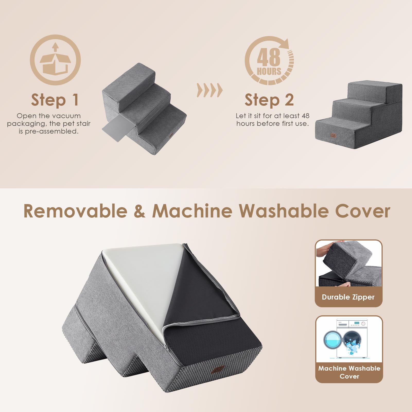 EHEYCIGA dog stairs closeup foam gray highlights durable 30D foam and sturdy support