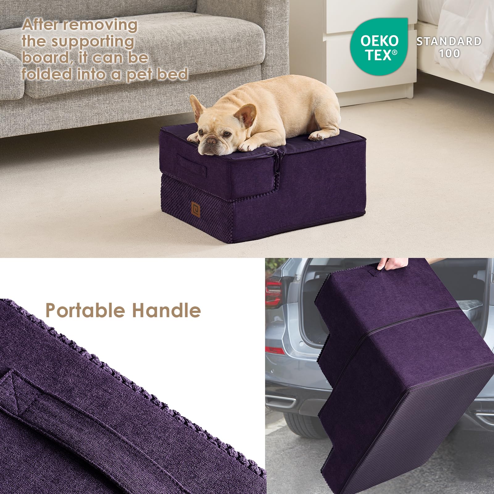 EHEYCIGA dog stairs foldable foam core illustrates portability for travel.