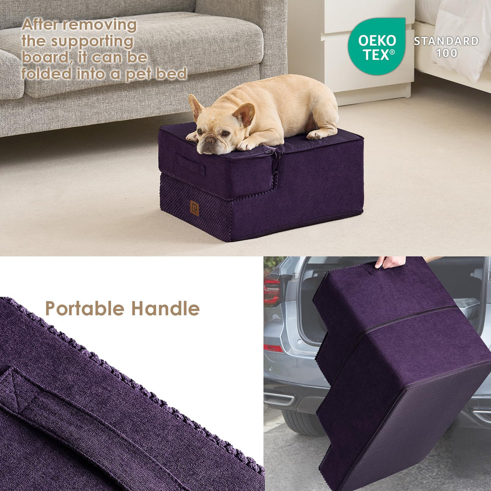 EHEYCIGA dog stairs foldable foam core illustrates portability for travel.
