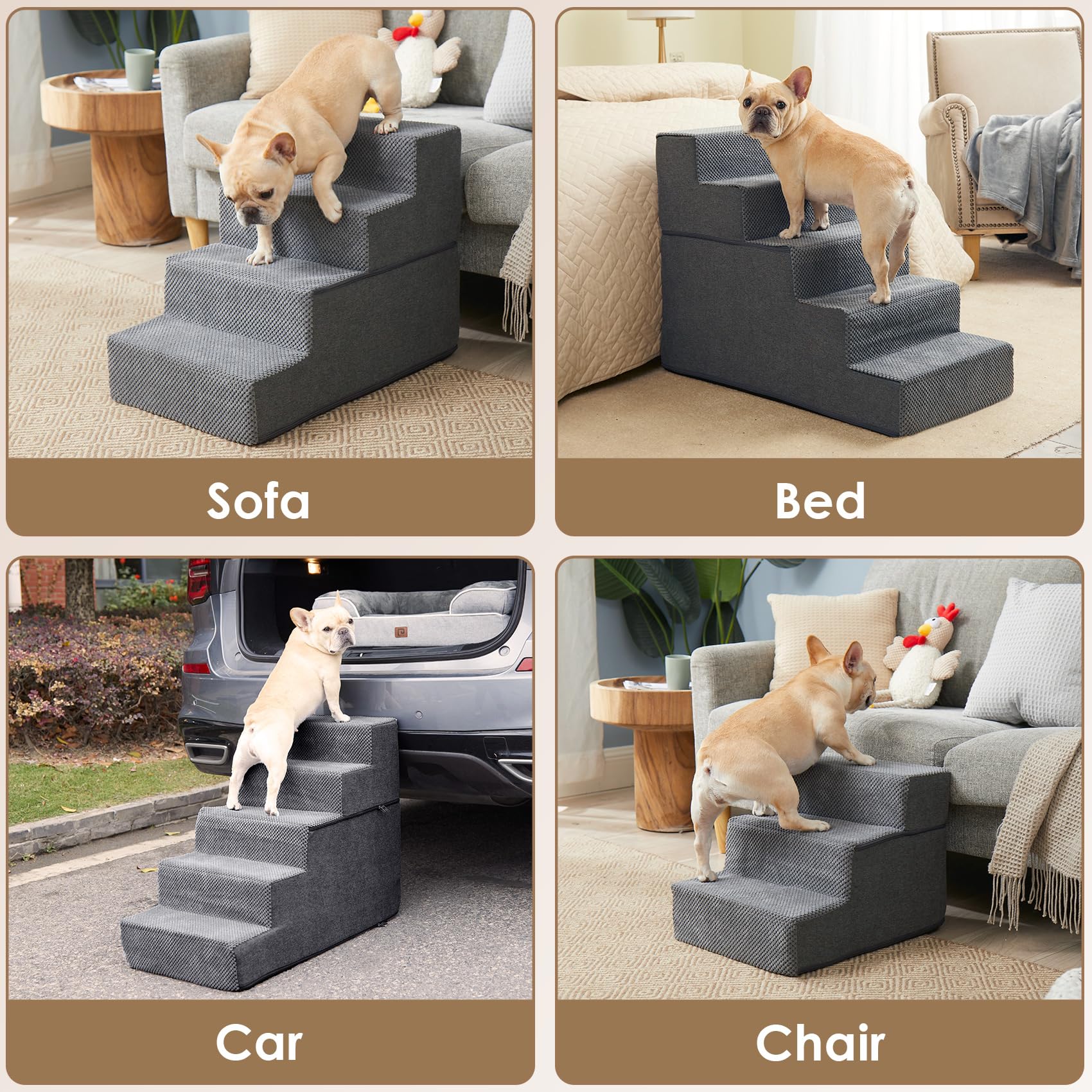 EHEYCIGA dog stairs-grey-bed-setup demonstrates bedside placement for easy access.