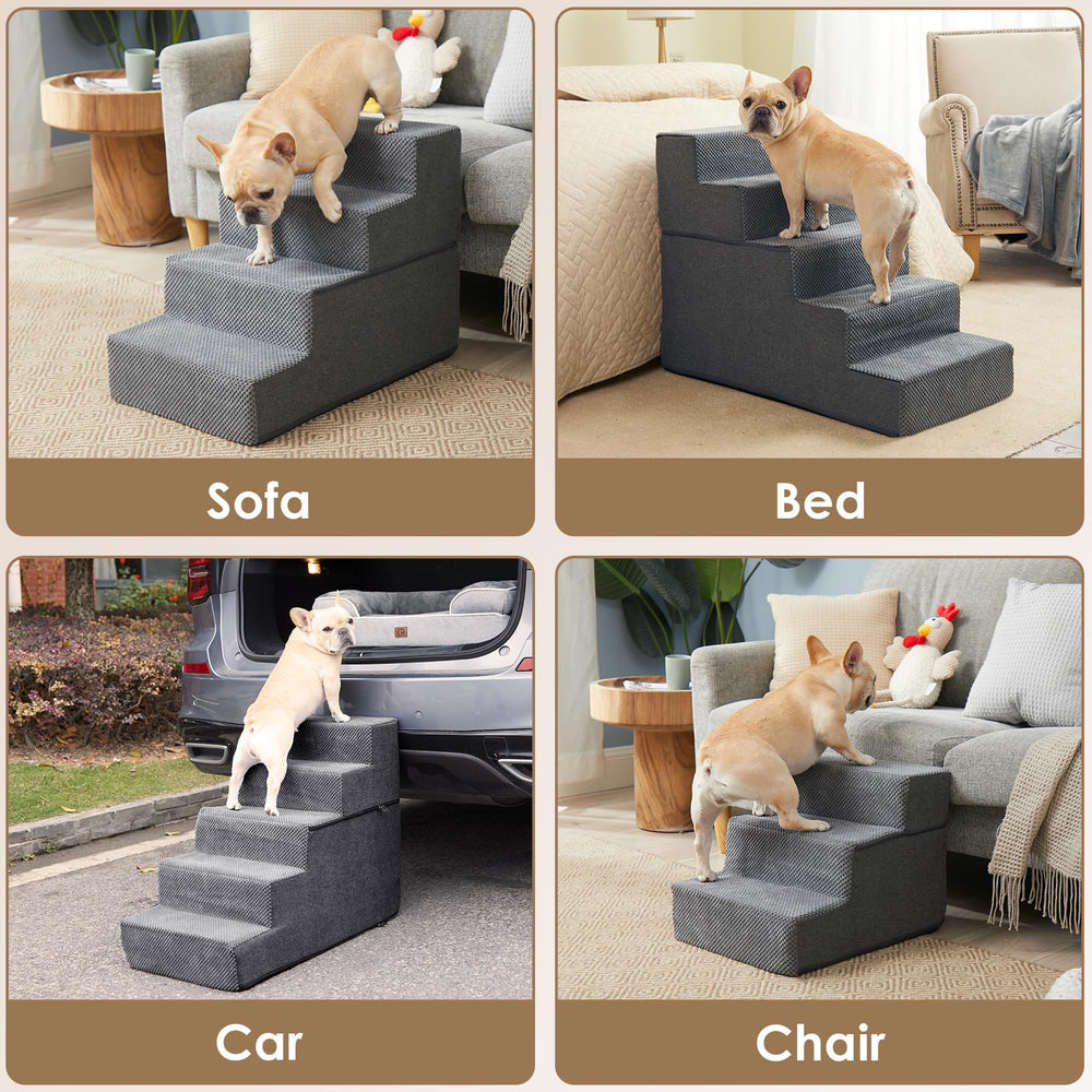 EHEYCIGA dog stairs-grey-bed-setup demonstrates bedside placement for easy access.