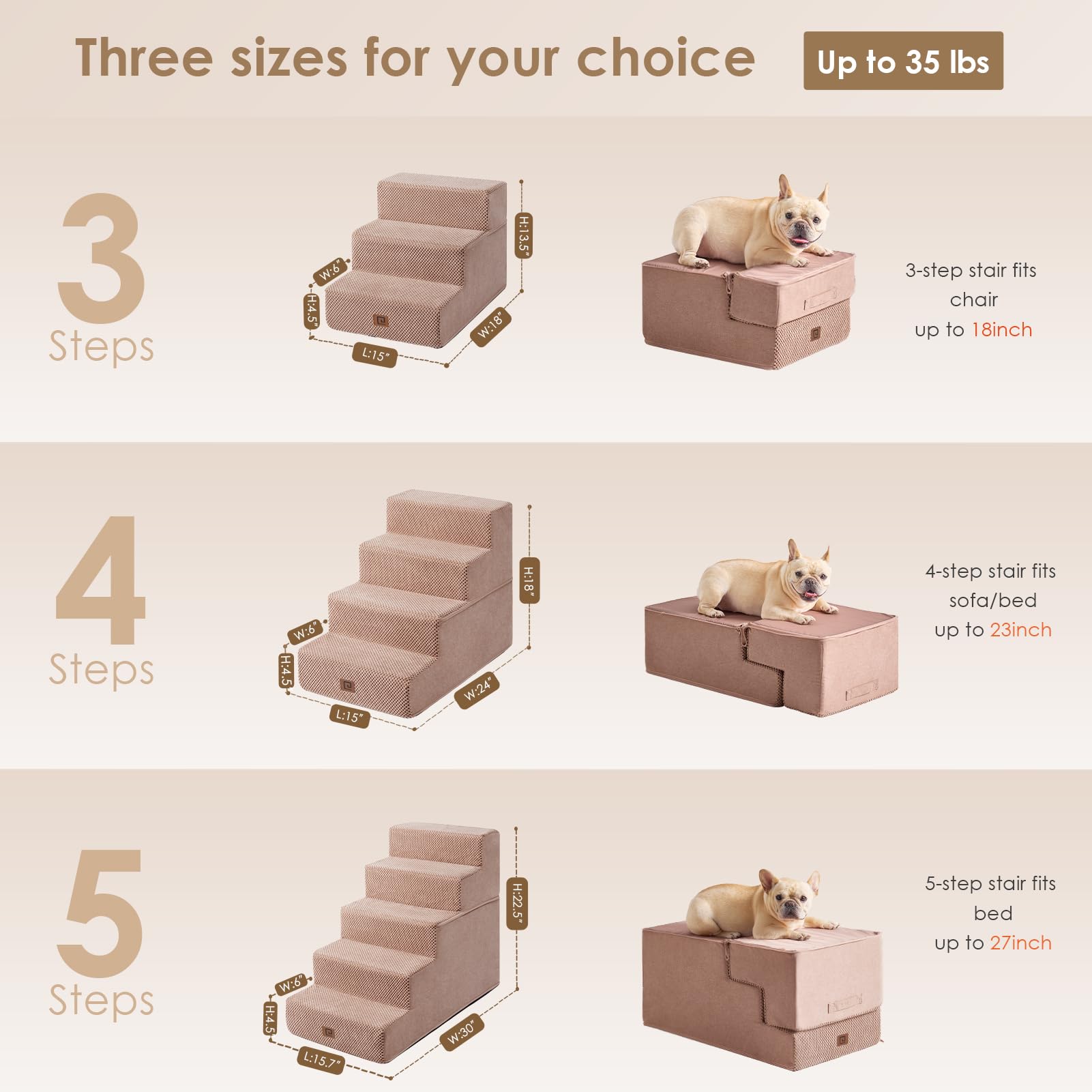 EHEYCIGA dog stairs pink front view demonstrates non-slip balance for small pets.