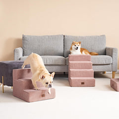 EHEYCIGA dog stairs pink in-use on sofa enables easy nightly climbs.