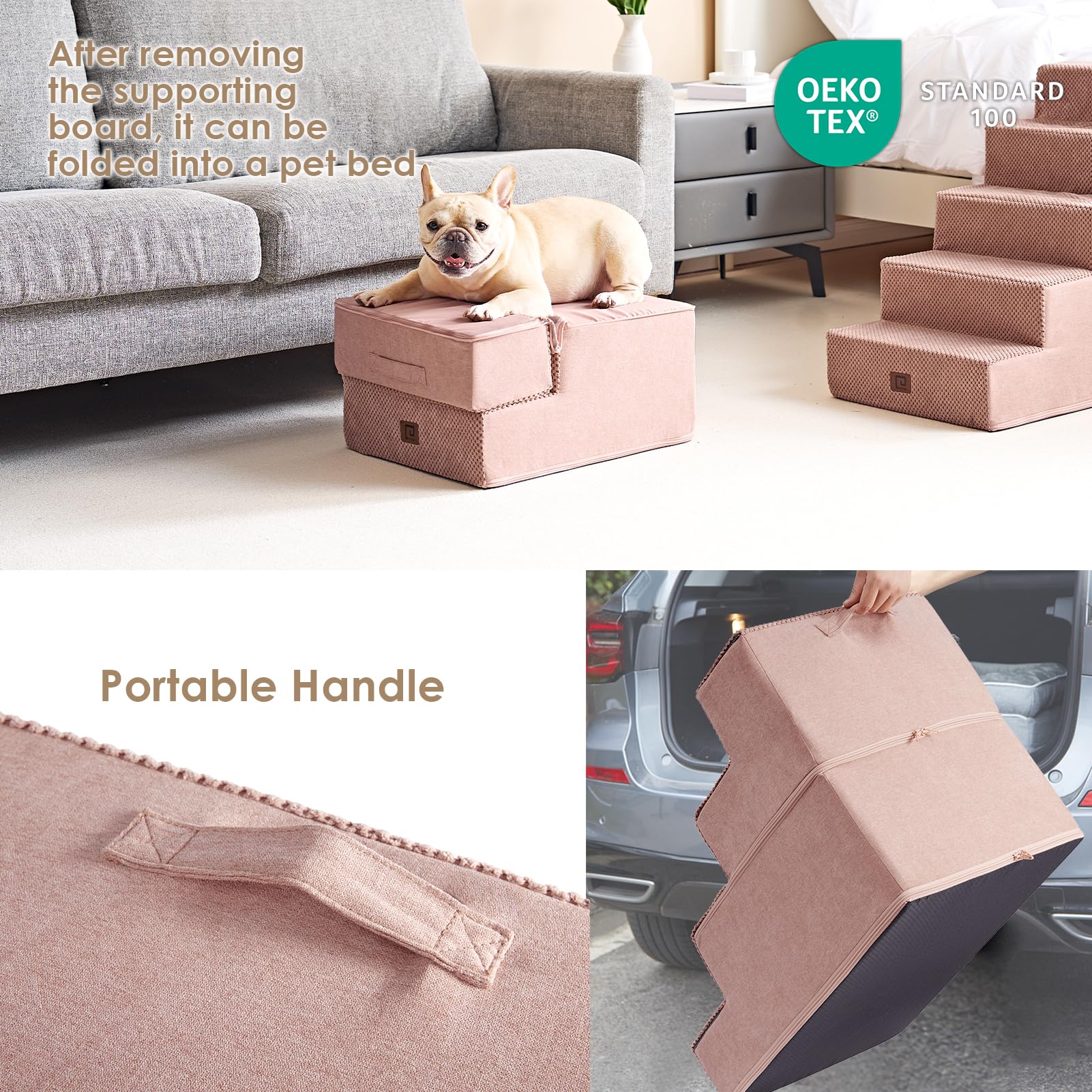 EHEYCIGA dog stairs pink removable cover enables quick machine wash.