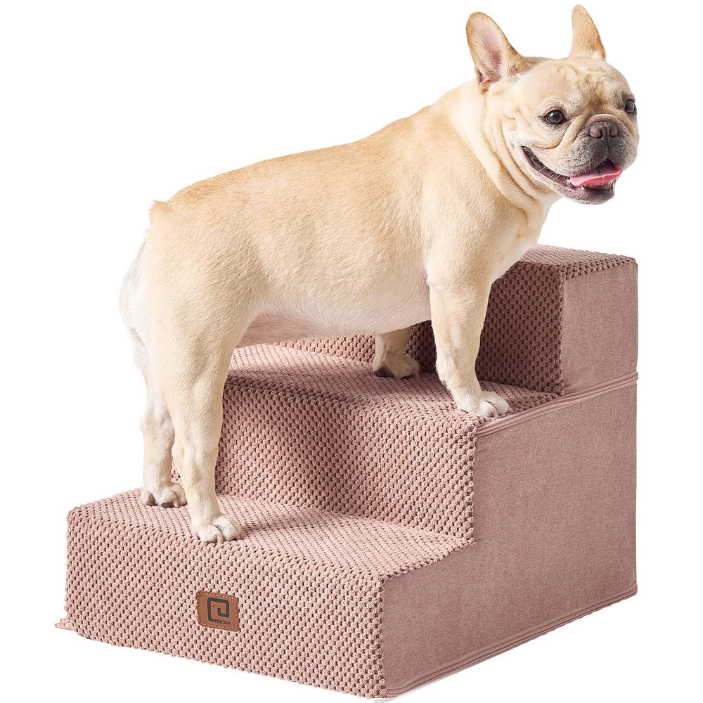 EHEYCIGA dog stairs pink side view highlights stable steps for easy sofa access.