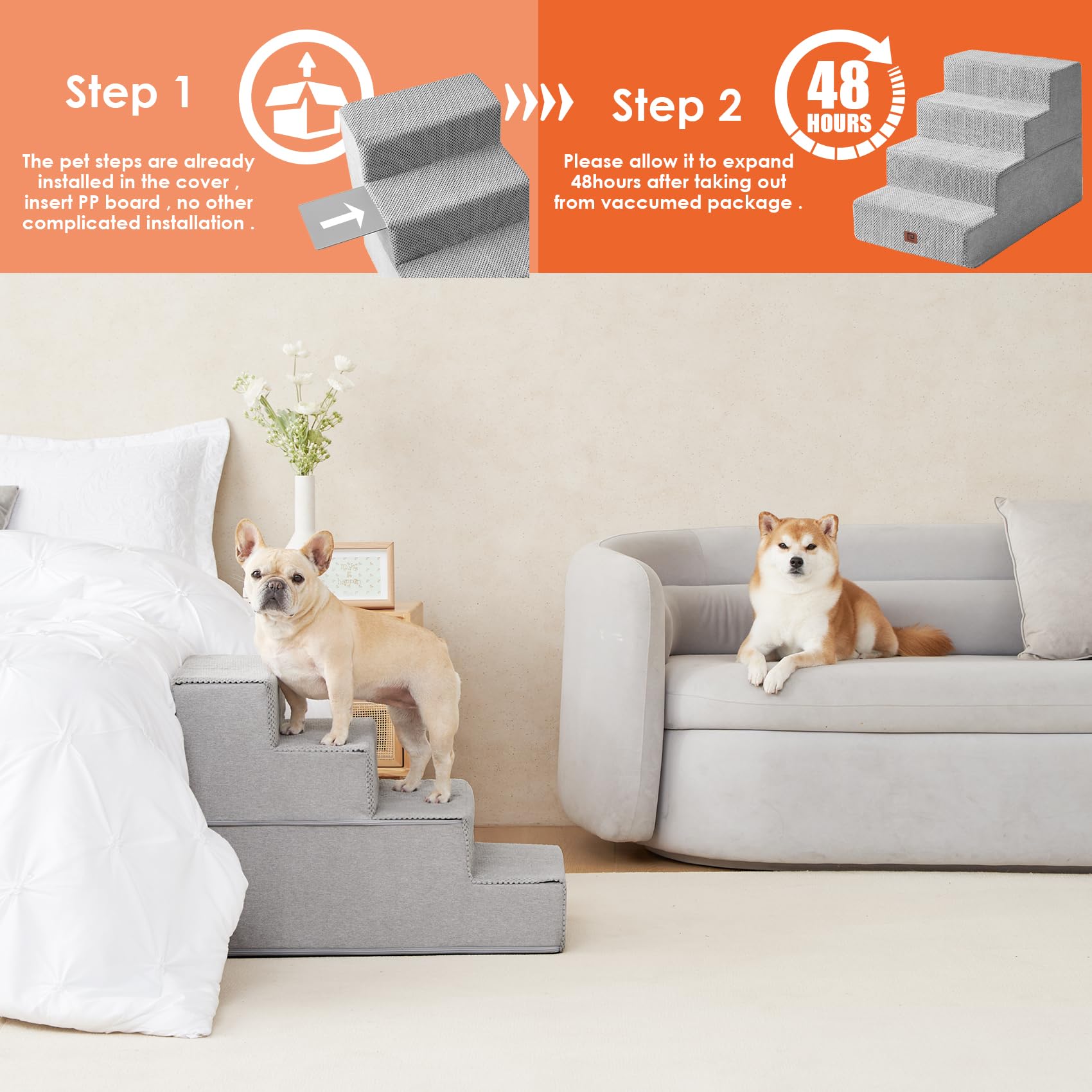 EHEYCIGA dog stairs used beside bed for easy nightly access.