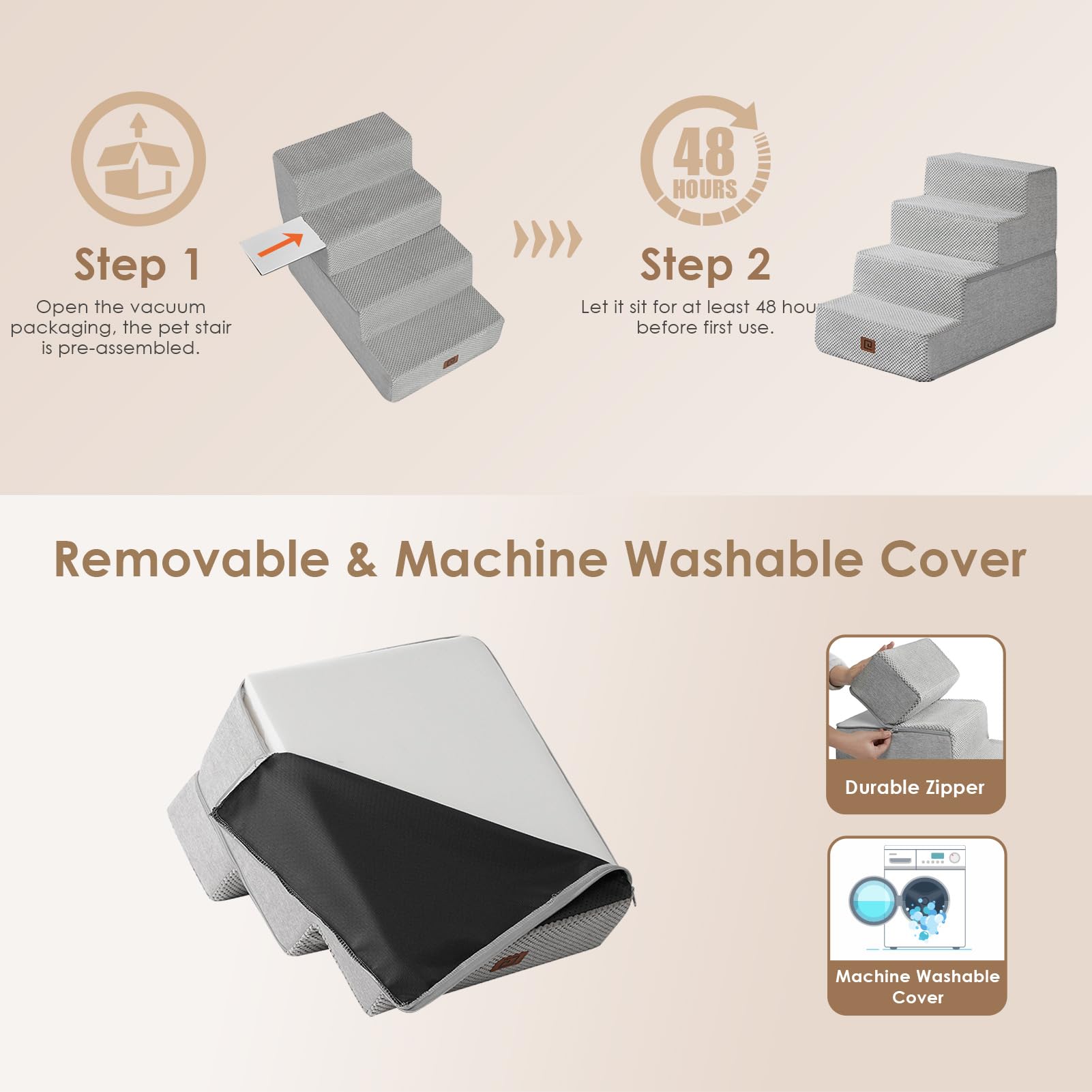 EHEYCIGA dog stairs washable cover is machine washable for quick cleanup.