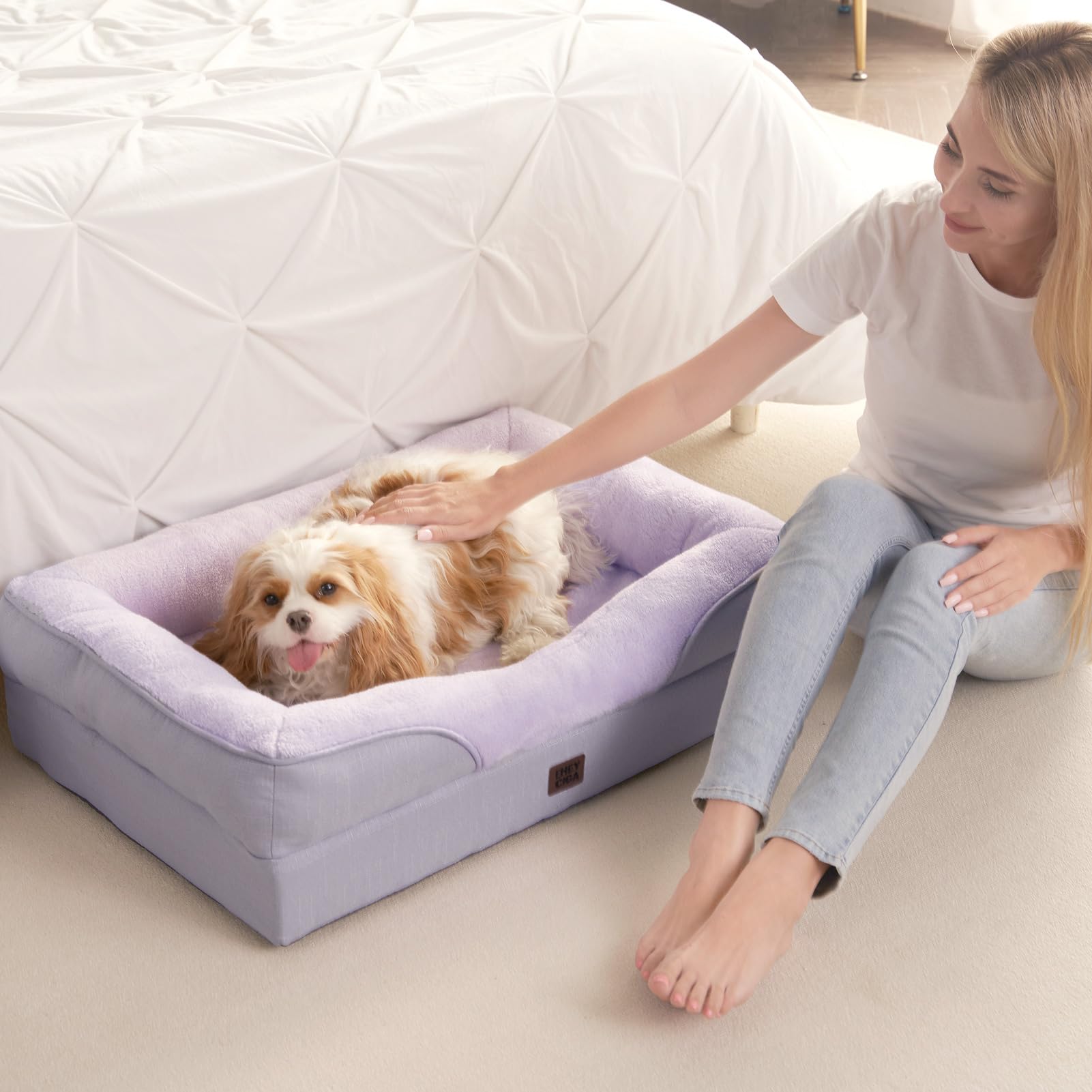 EHEYCIGA dogs relaxing on the bed showcases large-surface lounging.