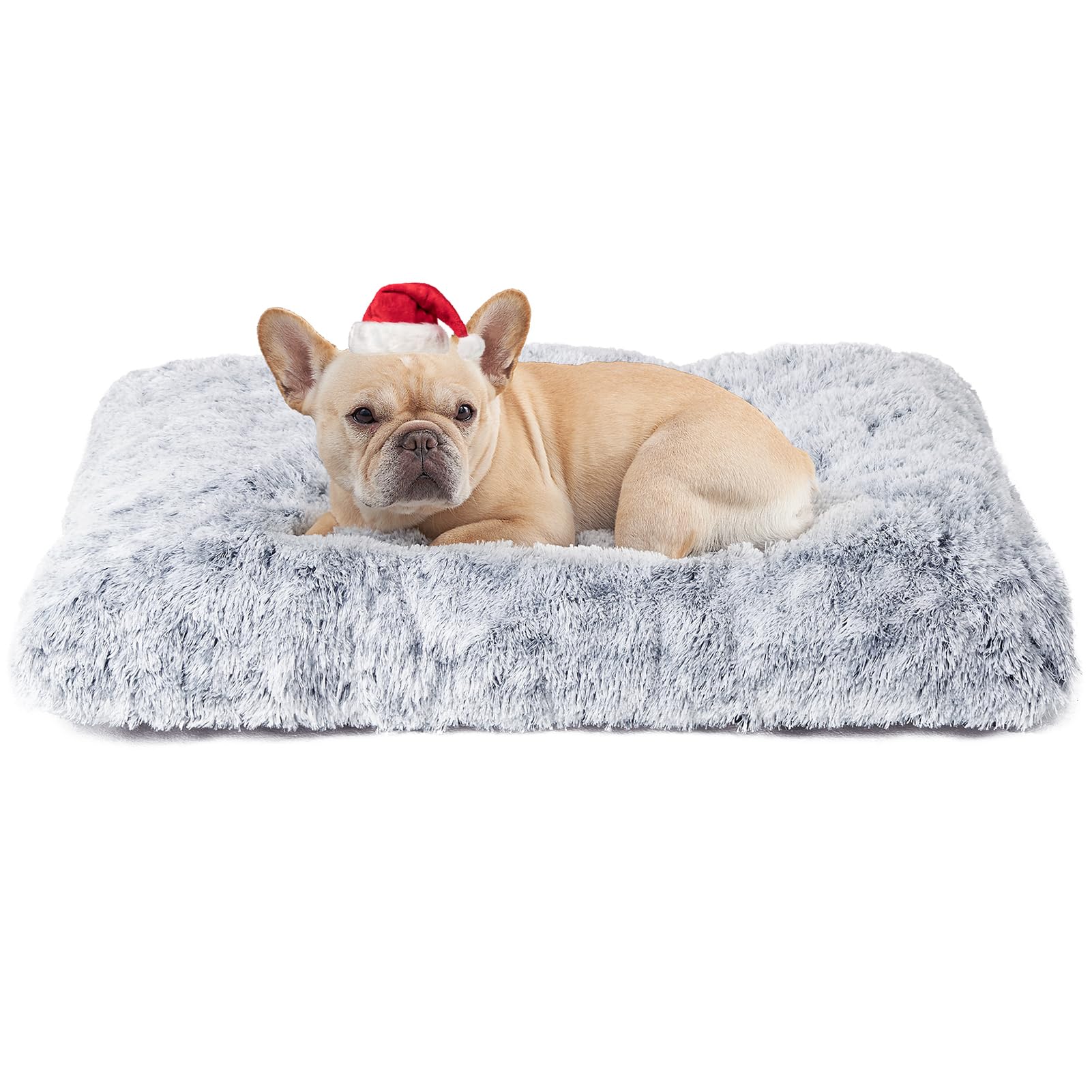 EHEYCIGA fluffy dog crate bed close-up fur highlights plush, secure comfort.