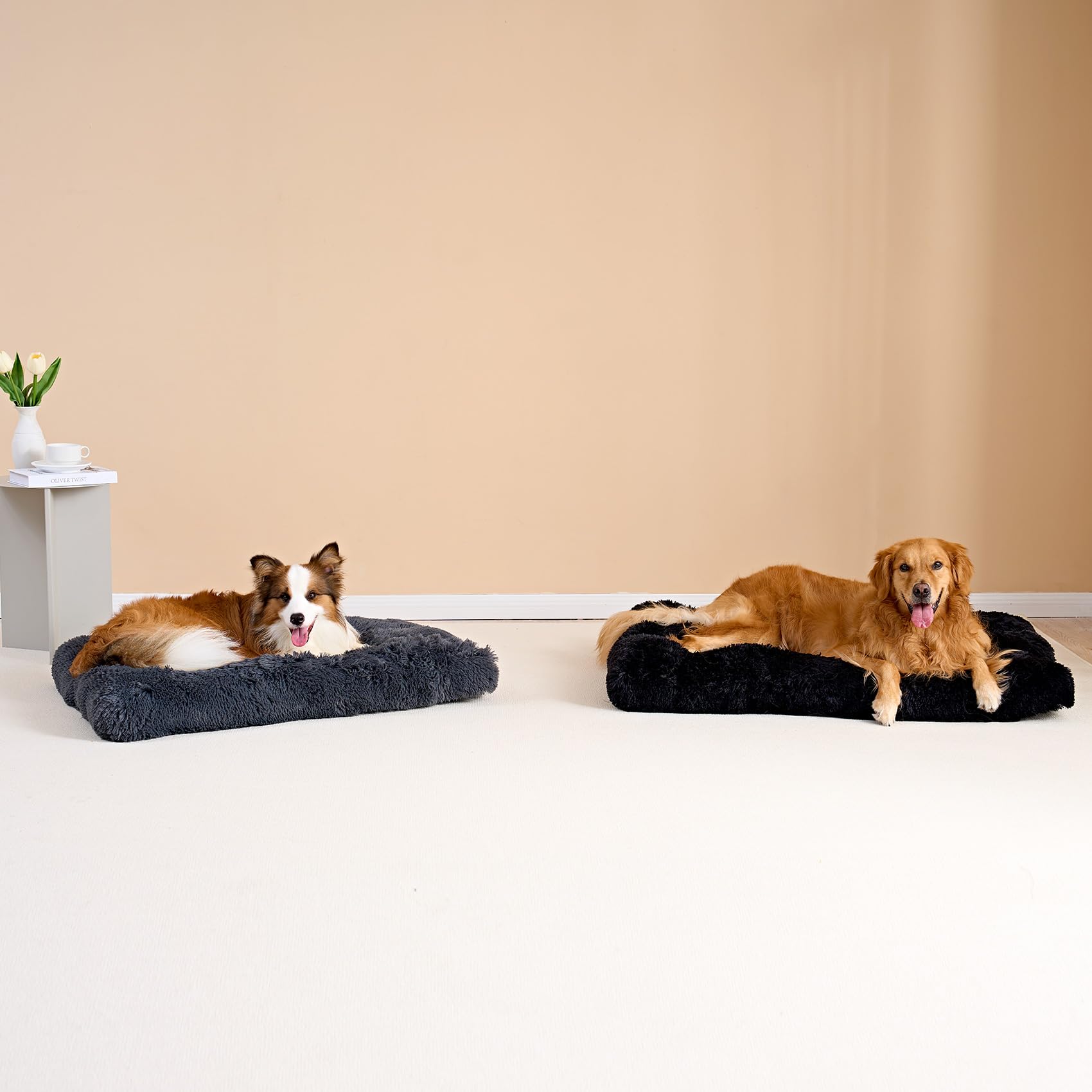 EHEYCIGA fluffy dog crate bed in-use with XL dog demonstrates a secure resting spot.
