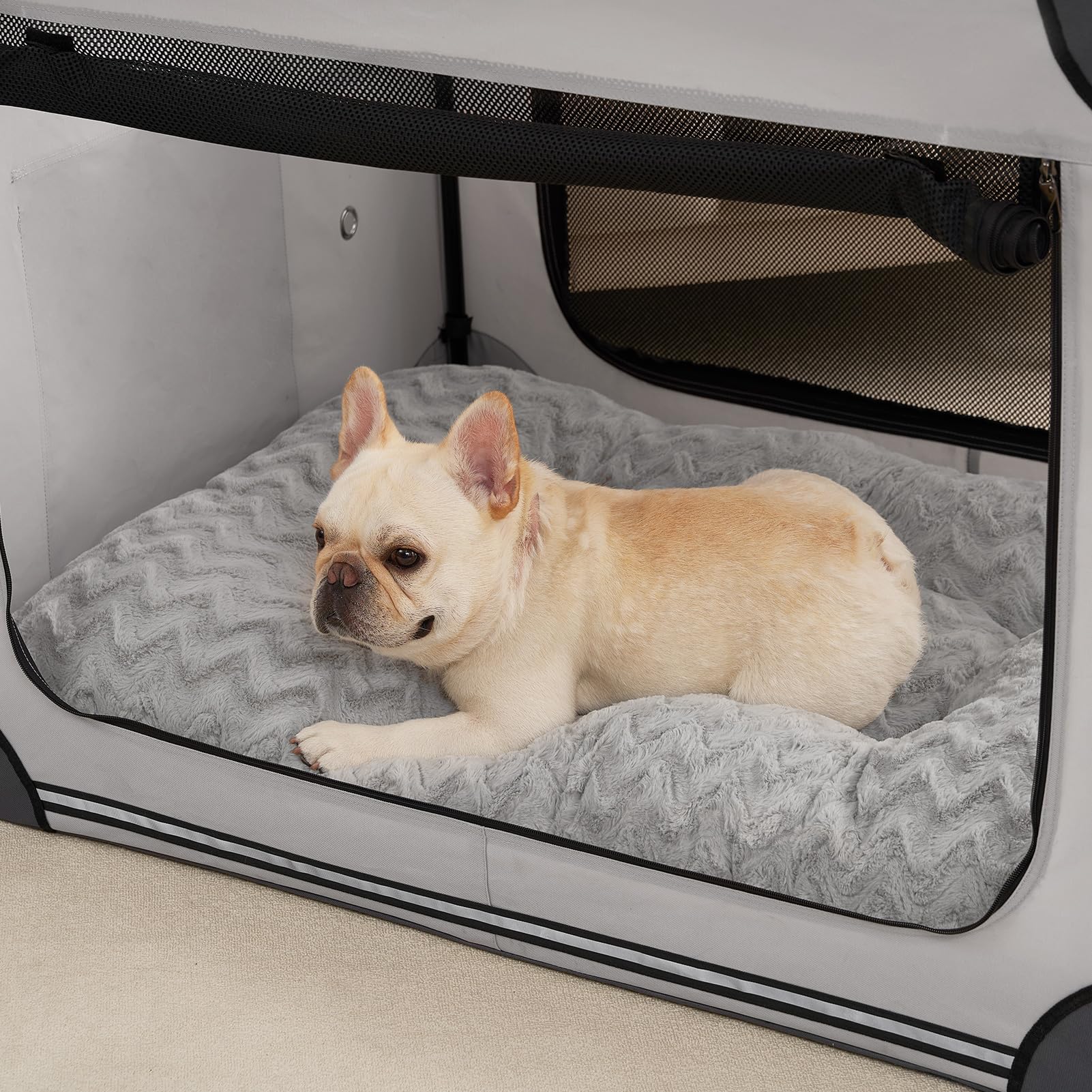 EHEYCIGA grey crate bed complements decor while inviting restful sleep.