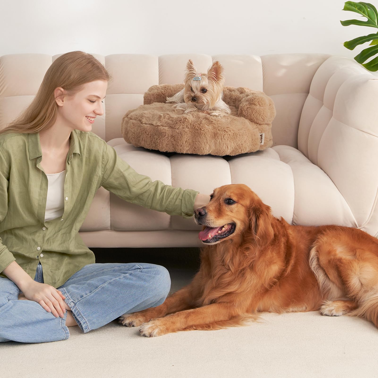 EHEYCIGA large dog bed camel pet on bed demonstrates comfy lounging