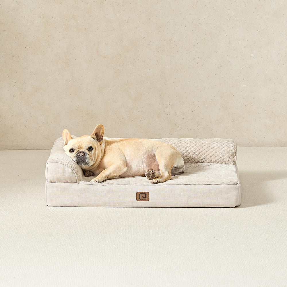 EHEYCIGA memory foam dog bed in beige living room for lounge space.