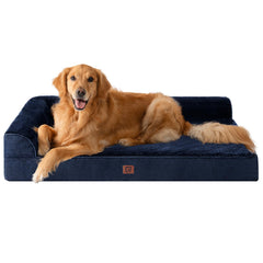 EHEYCIGA memory foam dog bed XL L-shaped design supports neck and head for restful sleep.