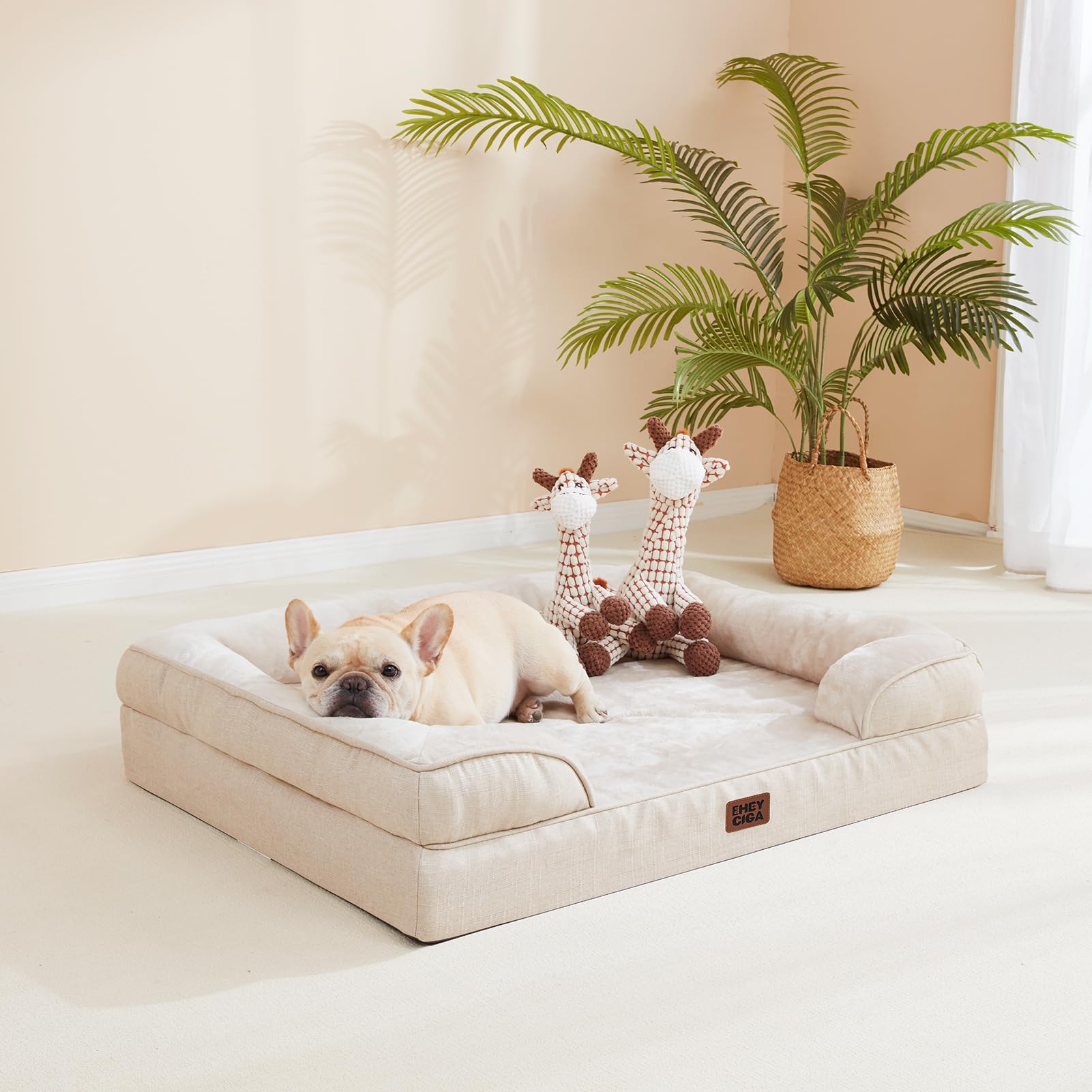 EHEYCIGA orthopedic dog bed beige color blends with home decor while hiding fur
