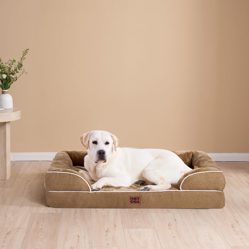 EHEYCIGA camel-color orthopedic bed shown in a cozy setup for large dogs.