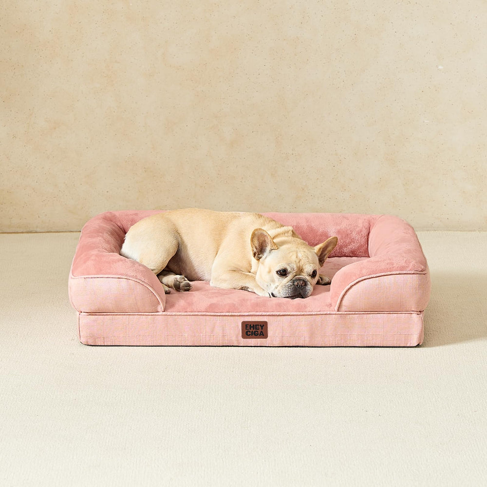 EHEYCIGA Orthopedic Dog Bed dusty pink fabric adds stylish coziness to space.