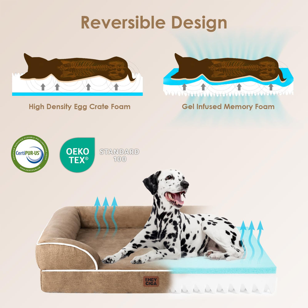 EHEYCIGA orthopedic dog bed large camel waterproof cover detail for dry lounging.
