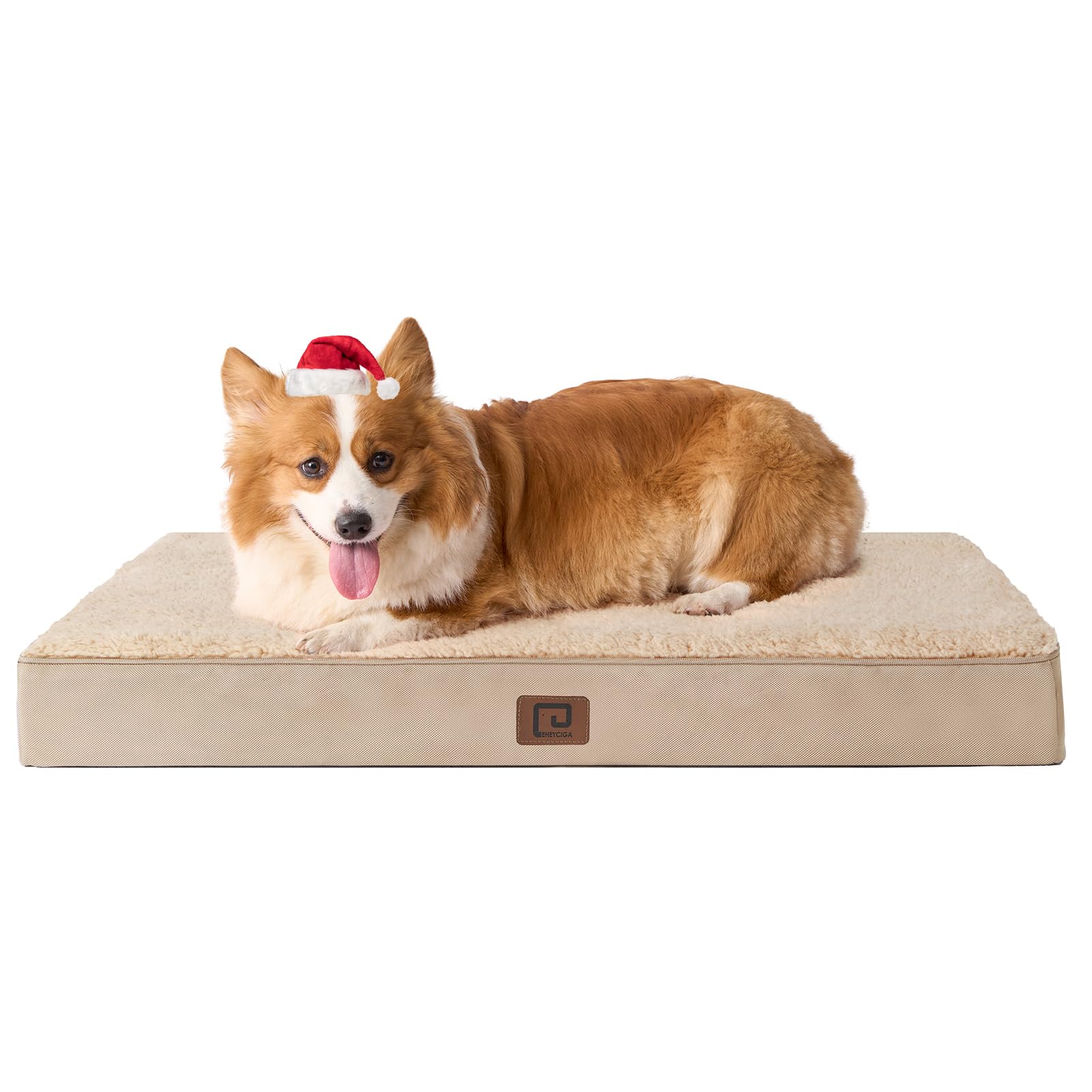 EHEYCIGA orthopedic dog bed large khaki on crate for crate-time comfort.