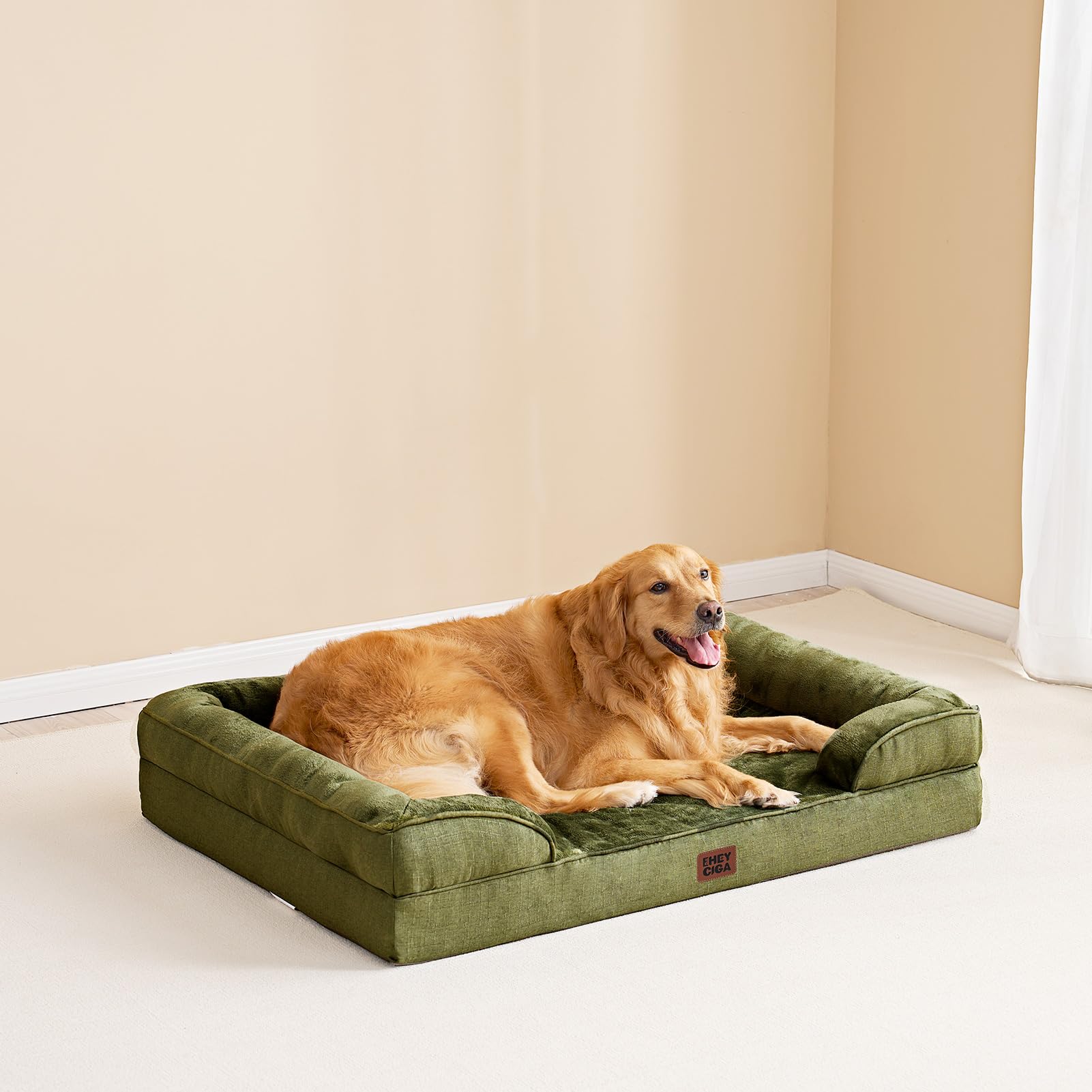 EHEYCIGA orthopedic dog bed XL olive-green fleece fabric for cozy naps.
