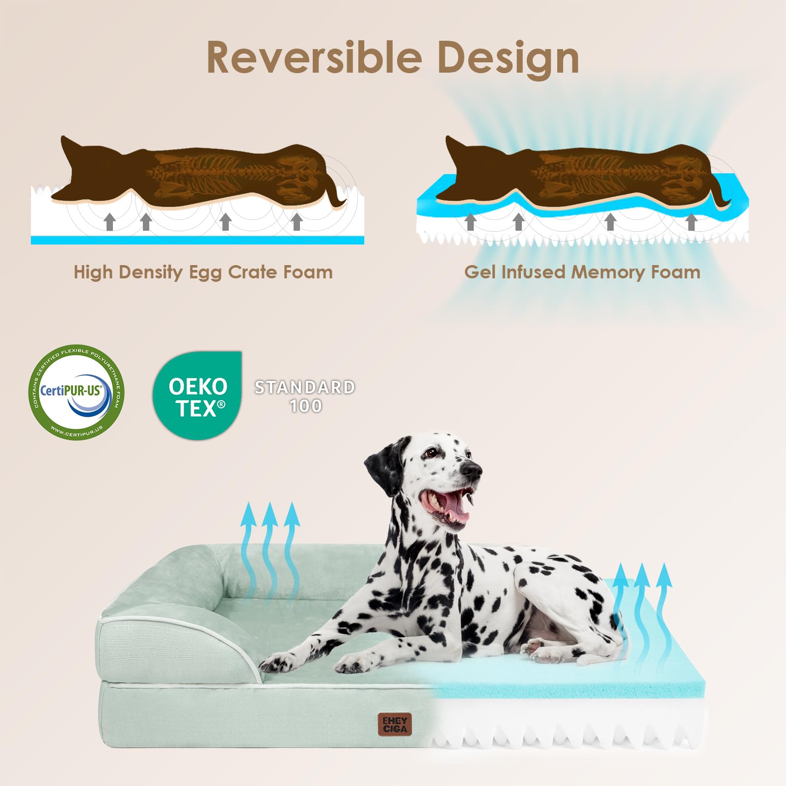 EHEYCIGA orthopedic dog bed with waterproof cover and zipper for easy cleaning.