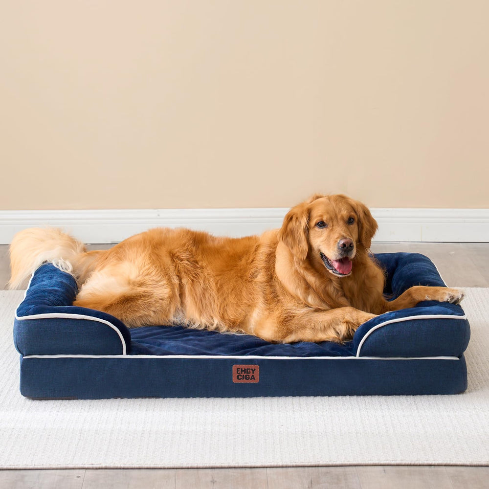 EHEYCIGA orthopedic bed in navy fabric complements home decor while supporting pets.