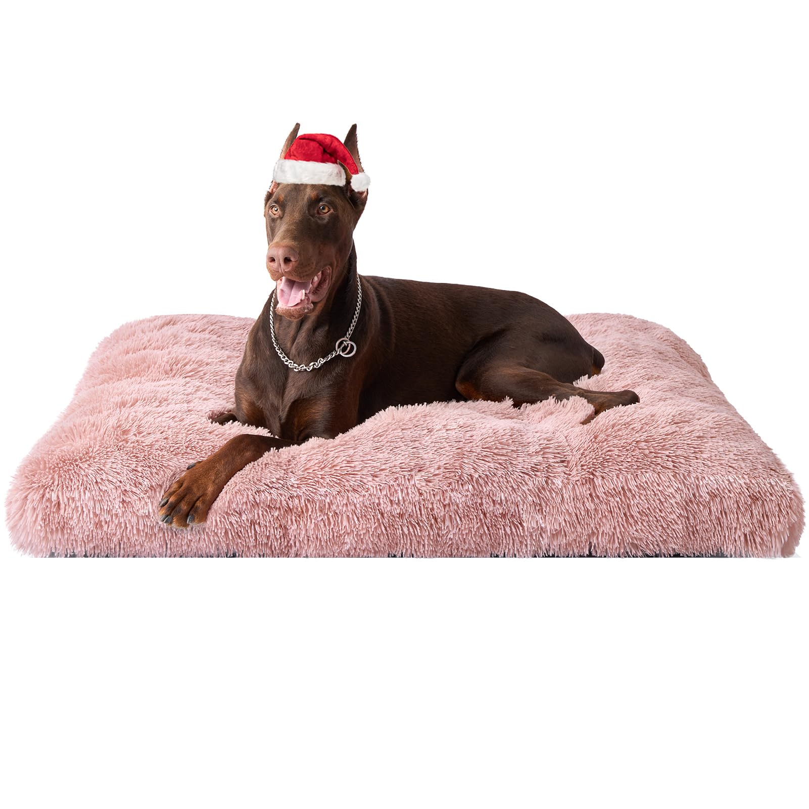 EHEYCIGA plush faux fur dog bed pink, provides cozy naps and secure crate comfort.