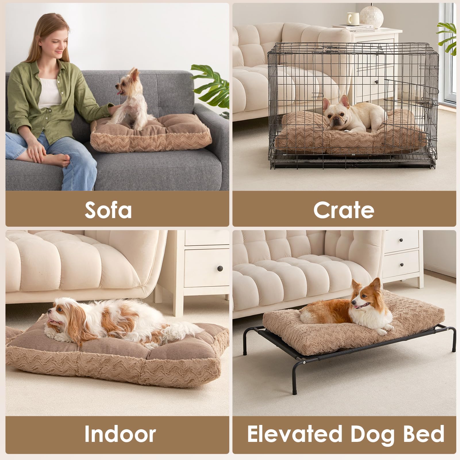 EHEYCIGA crate bed inside view in camel showing polyester filling support