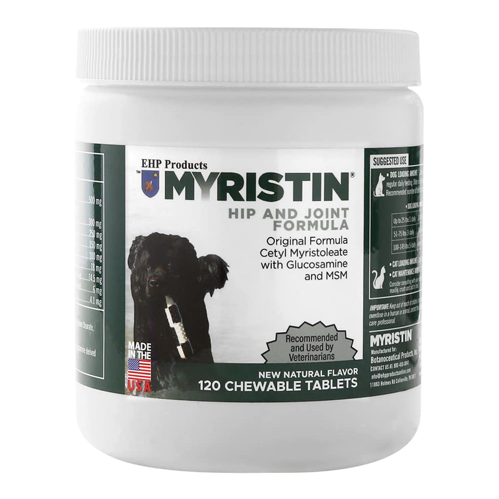 EHP Myristin canine joint tablets image highlighting easy-to-swallow tablets for joint support