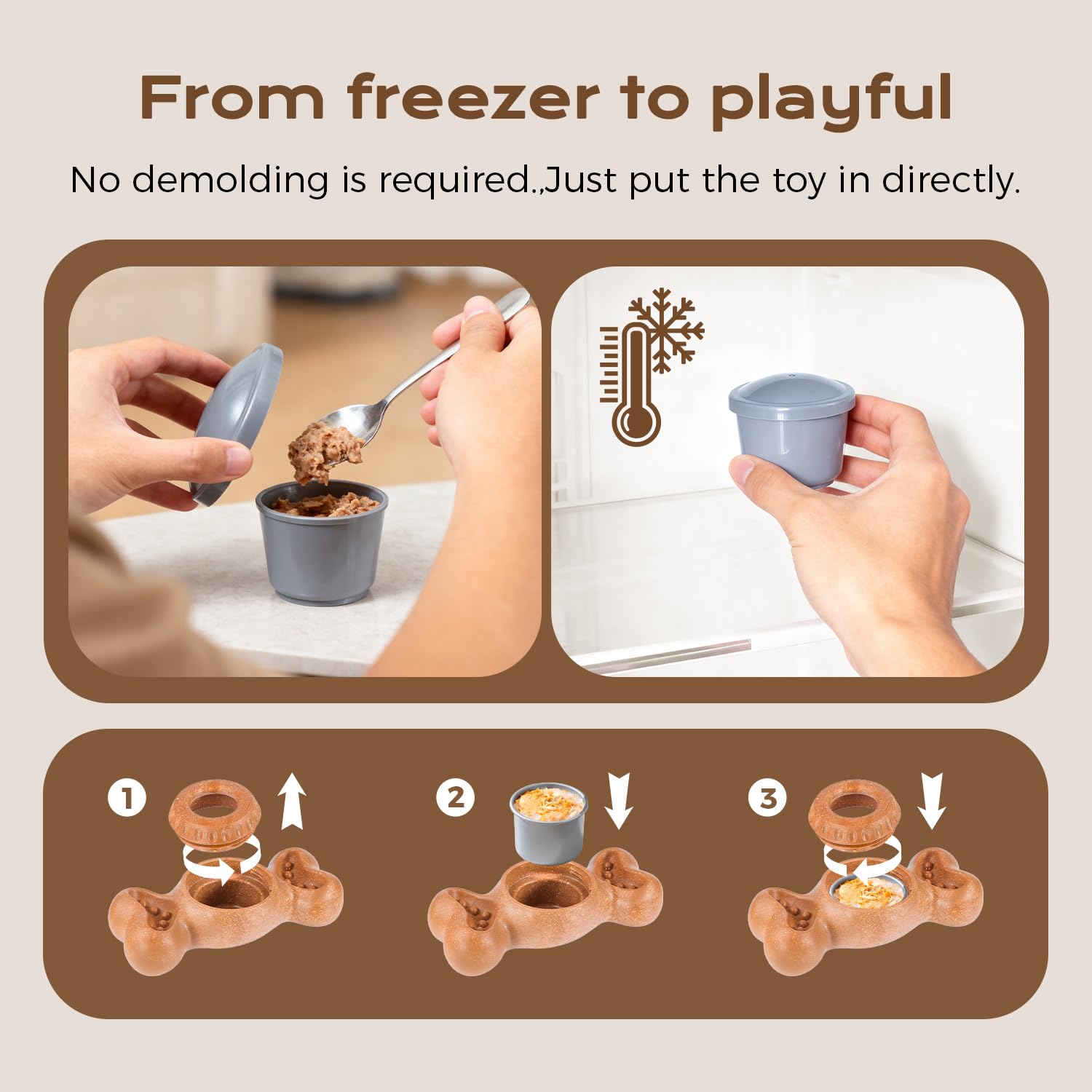 EHWZ Freeze Bone dog toy in-use demonstrates stable base for licking frozen treats