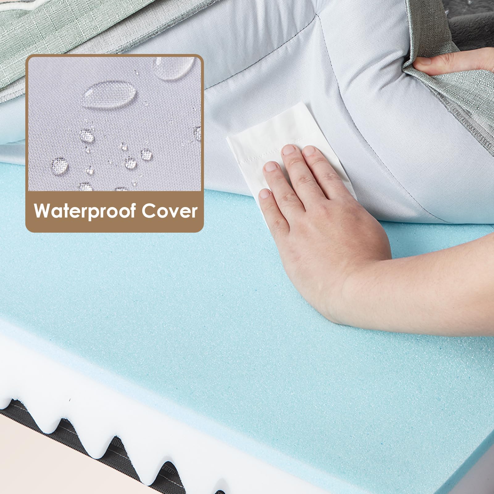 Detail of waterproof cover layer protecting the sleeping surface on the EHEYCIGA bed.