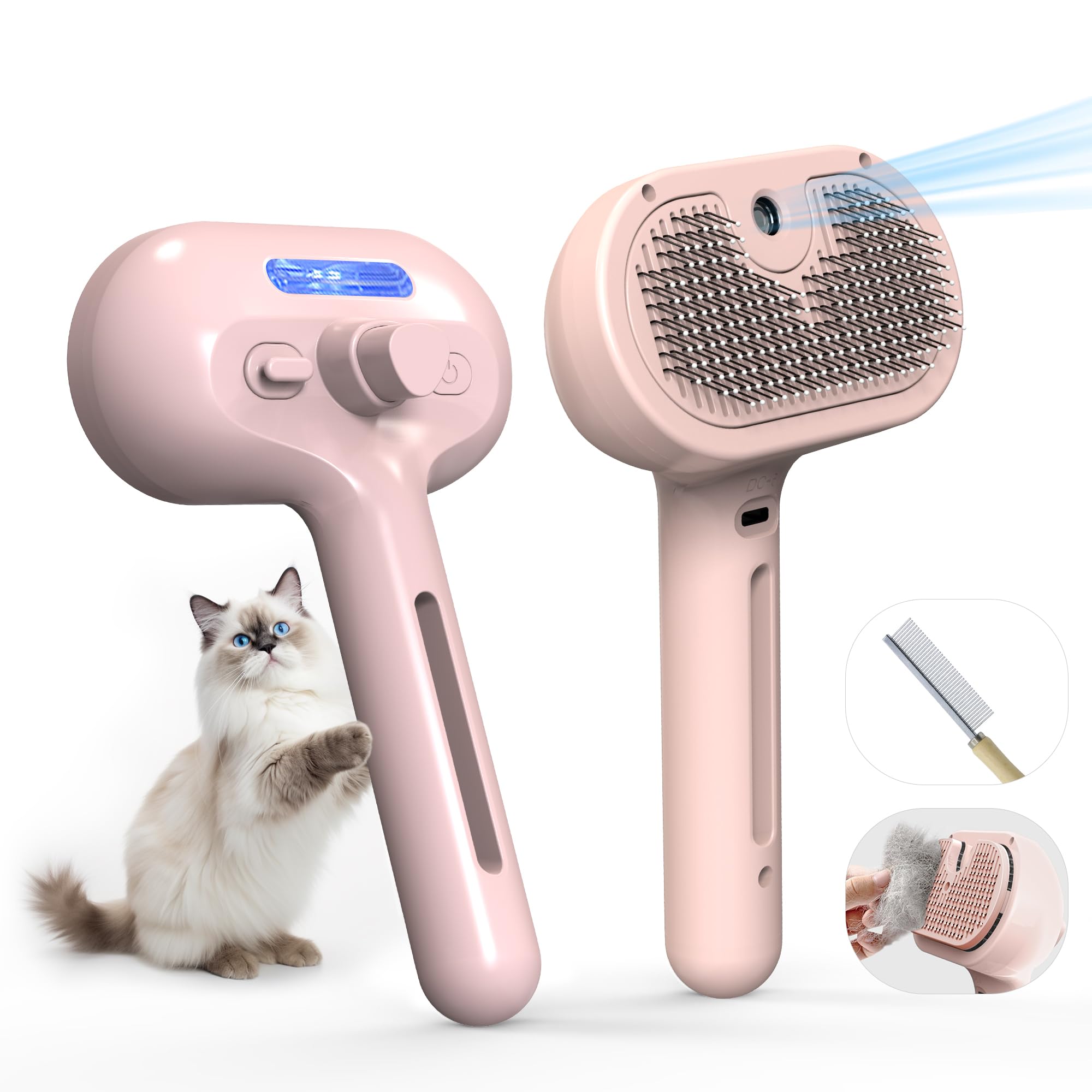 Eilimy pet grooming brush mist spray close-up highlights soft bristles for gentle grooming.