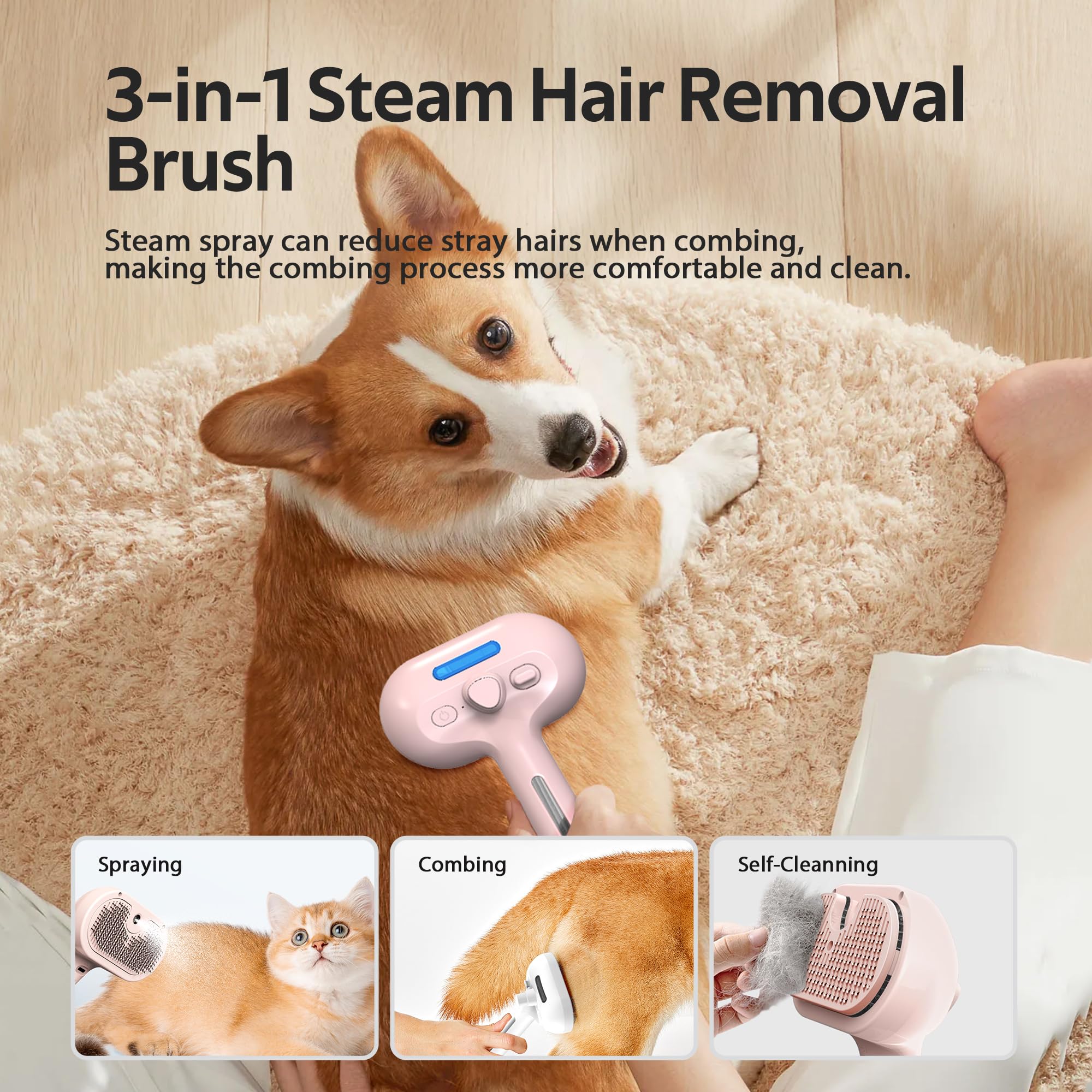 Eilimy pet grooming brush mist spray shedding demo shows reduced loose fur near the coat.