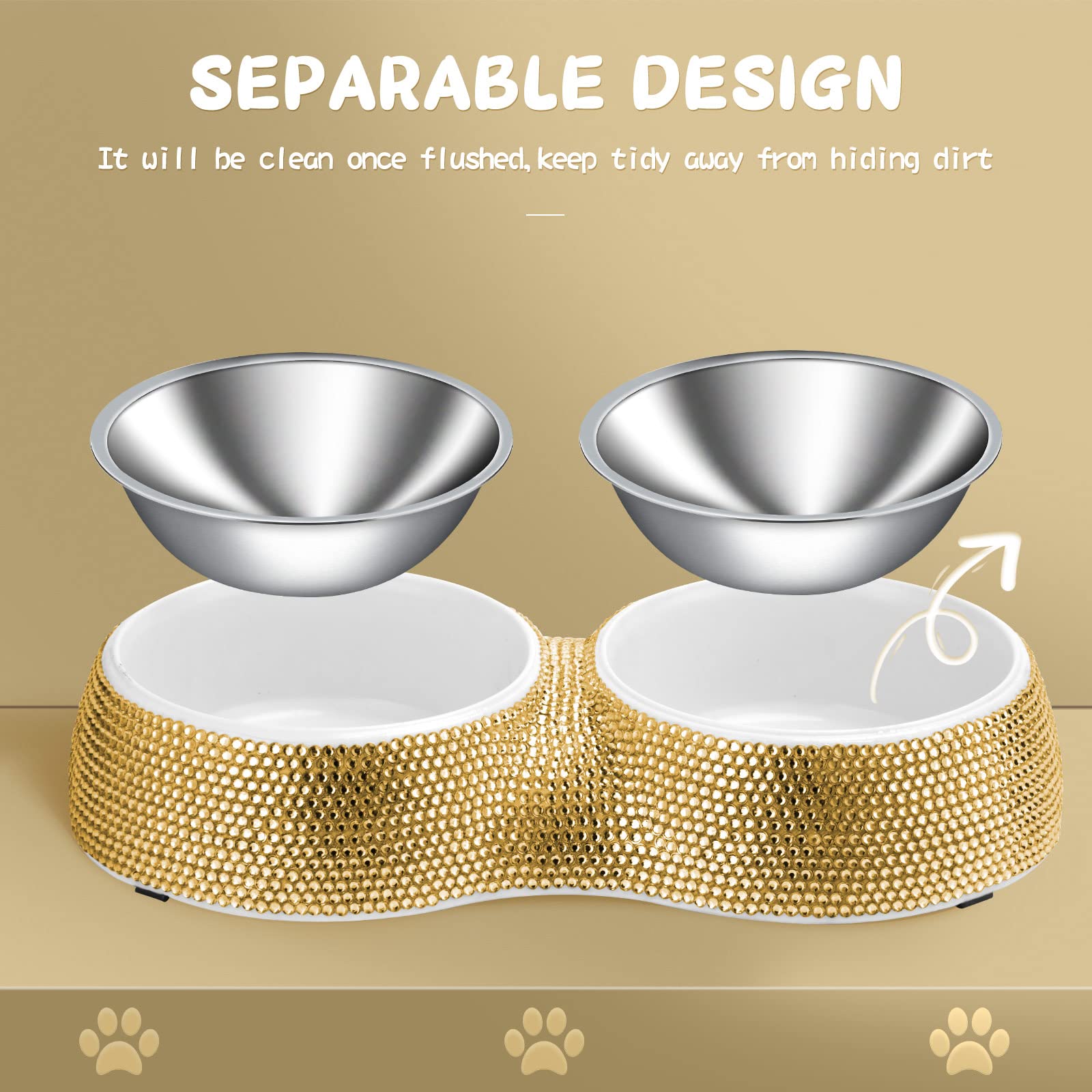 eing dual bowls for two pets in gold, perfect for simultaneous feeding